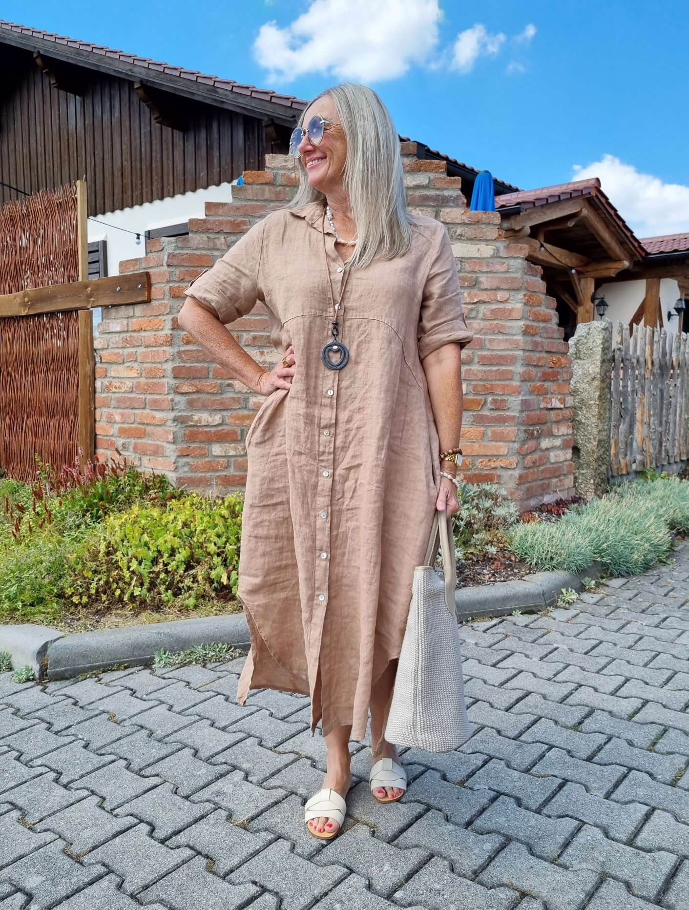 LINEN DESS WILMA CAMEL 34-42 Made in Italy Leinen Kleid Long Bluse Mantel LINEN DESS WILMA CAMEL 34-42 Made in Italy Leinen Kleid Long Bluse Mantel