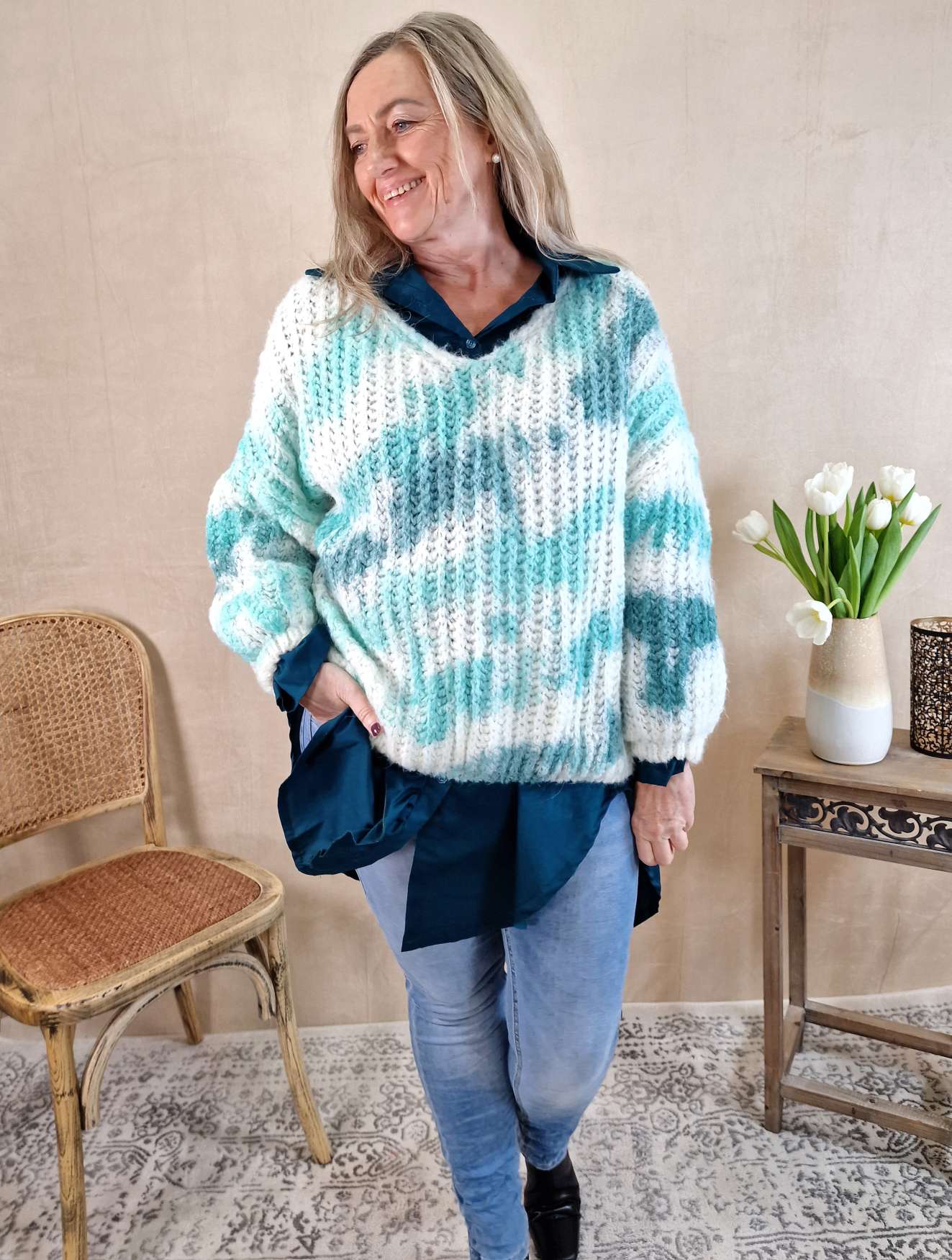 KNIT SWEATER SVENJA BATIK TÜRKIS Strickpullover Pullover 34-42 Oversize Made in Italy versch. Farben KNIT SWEATER SVENJA BATIK TÜRKIS Strickpullover Pullover 34-42 Oversize Made in Italy versch. Farben