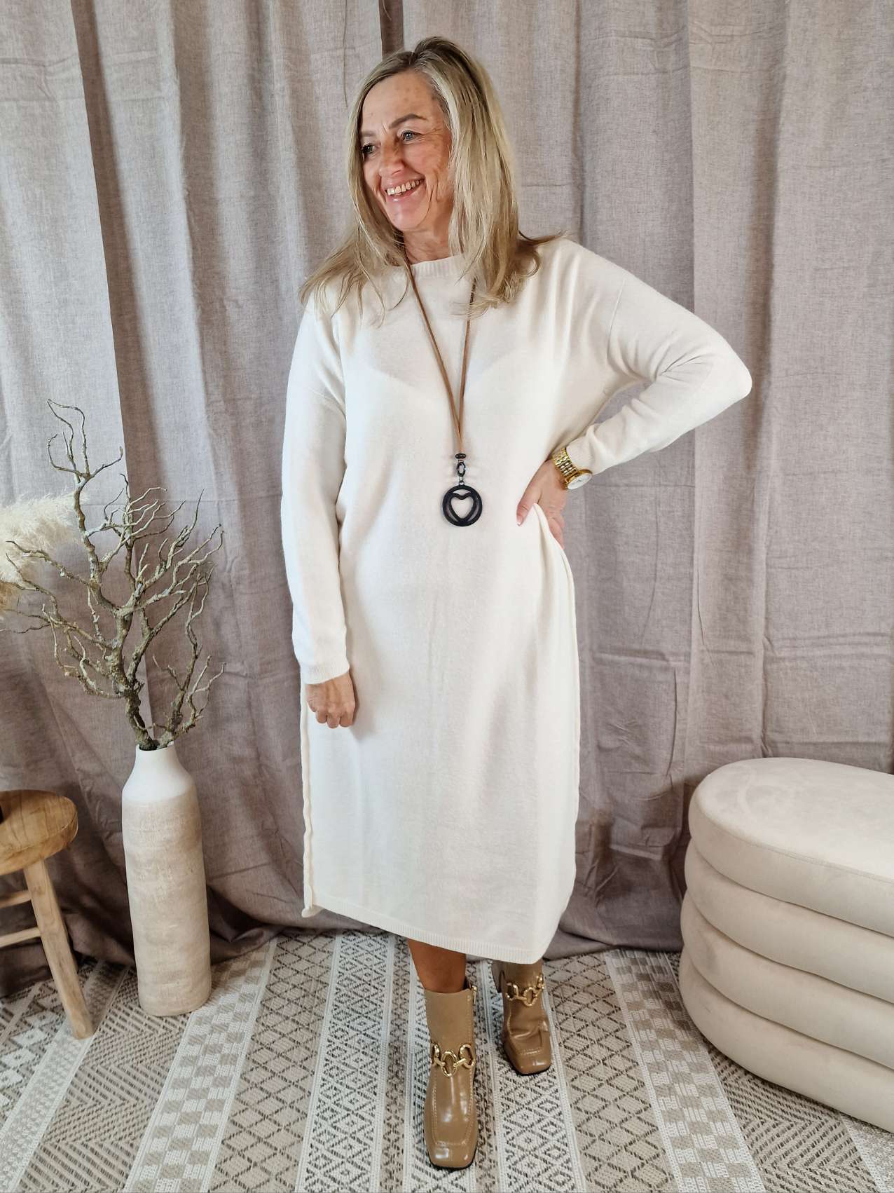 LONG KNIT DRESS RITA CREME 34-42 Made in Italy Strick Kleid Long Pullover