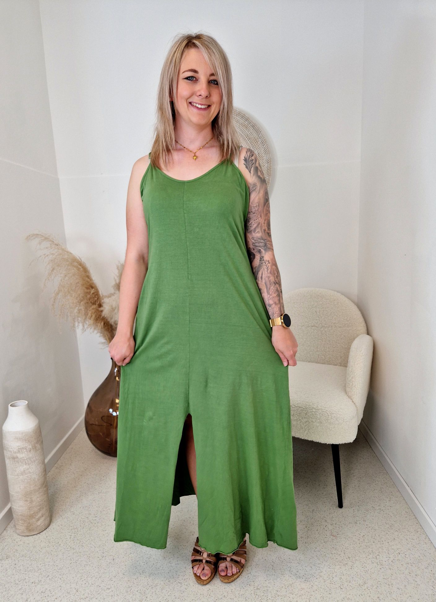 2. WAHL - MAXI KLEID ALOHA GRÜN 36-42 Made in Italy Spaghetti Kleid