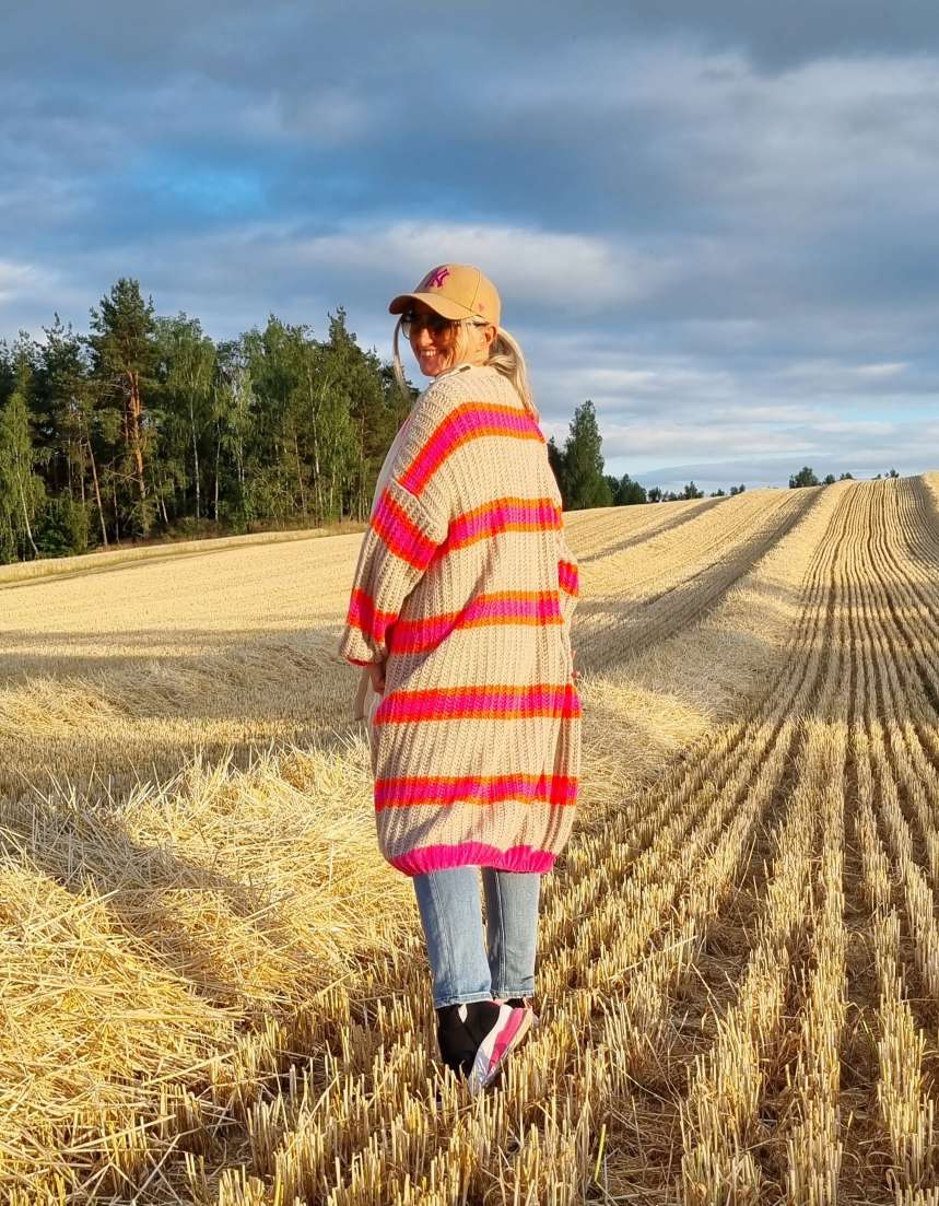 LONG KNIT CARDIGAN MYKONOS STRIPES BEIGE langer Strick Mantel Jacke Made in Italy Streifen 34-42 LONG KNIT CARDIGAN MYKONOS STRIPES BEIGE langer Strick Mantel Jacke Made in Italy Streifen 34-42