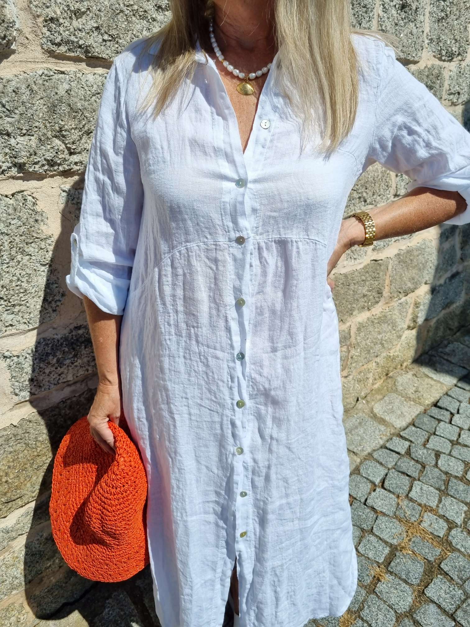 LINEN DESS WANDA 2 WEISS 34-40 Made in Italy Leinen Kleid Long Bluse Mantel LINEN DESS WANDA 2 WEISS 34-40 Made in Italy Leinen Kleid Long Bluse Mantel