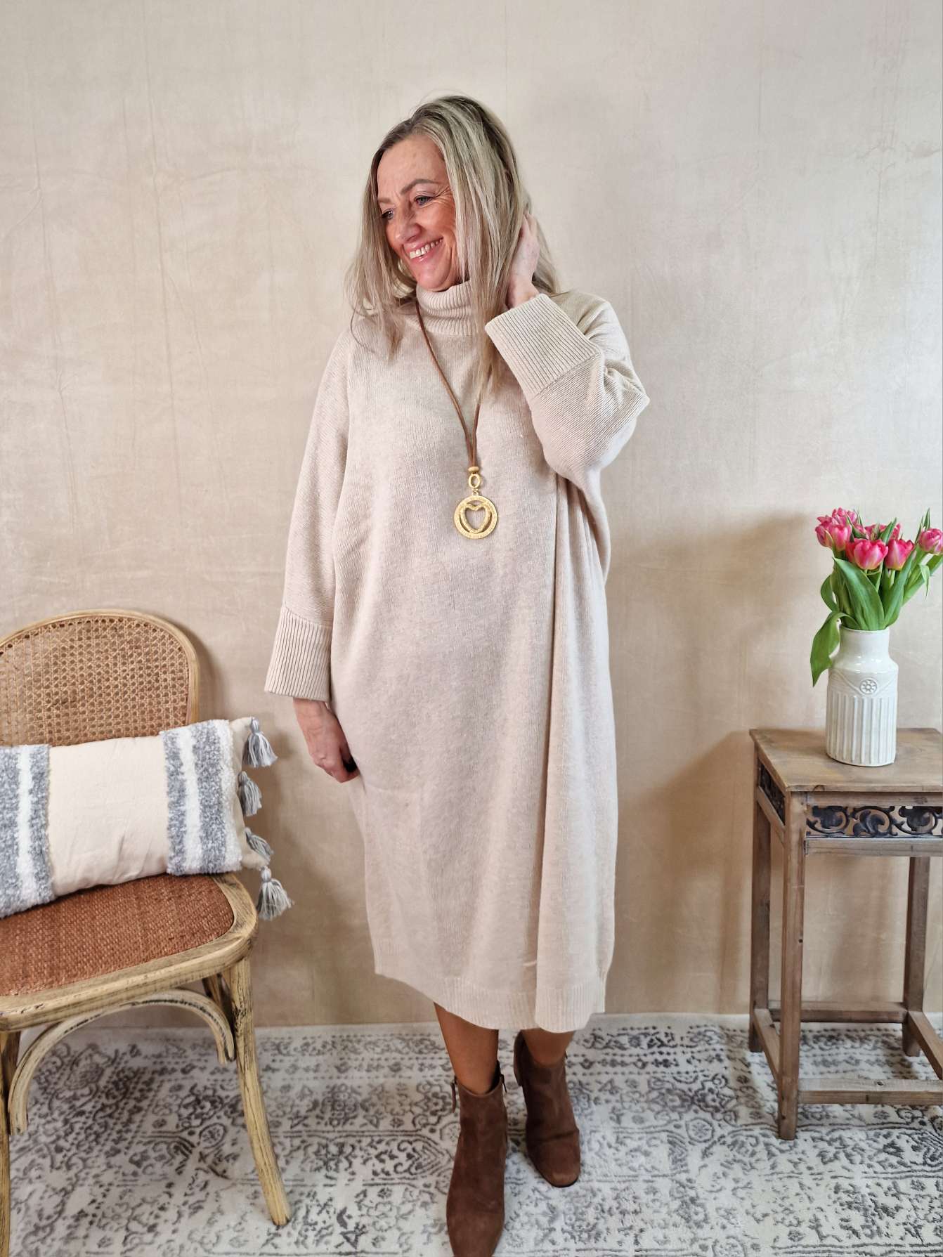CASHMERE DRESS STELLA BEIGE 34-44 Made in Italy Strick Kleid Long Pullover CASHMERE DRESS STELLA BEIGE 34-44 Made in Italy Strick Kleid Long Pullover