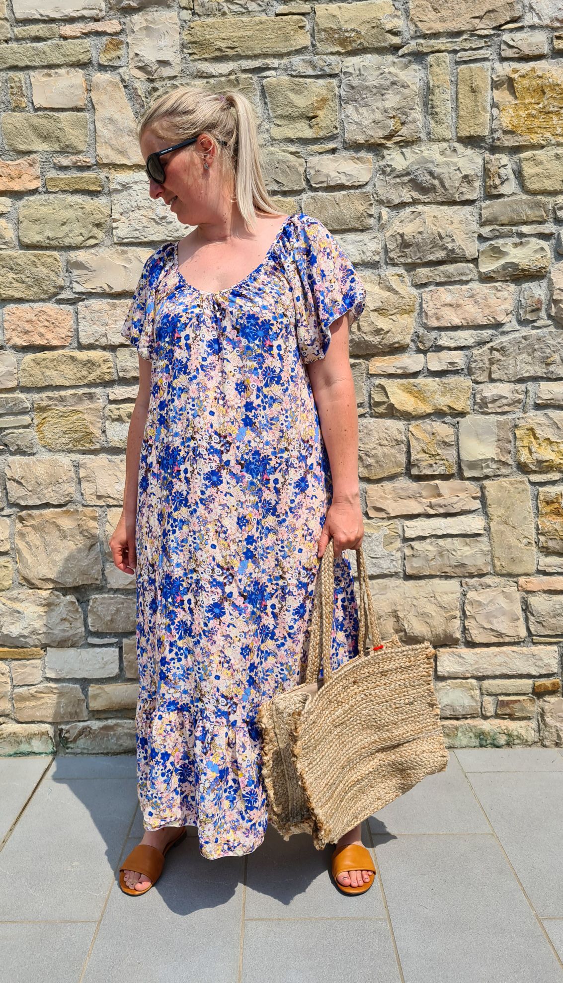 MAXI DRESS AURORA FLOWERS BLAU 34-42 Made in Italy langes Sommer Kleid Blumen MAXI DRESS AURORA FLOWERS BLAU 34-42 Made in Italy langes Sommer Kleid Blumen