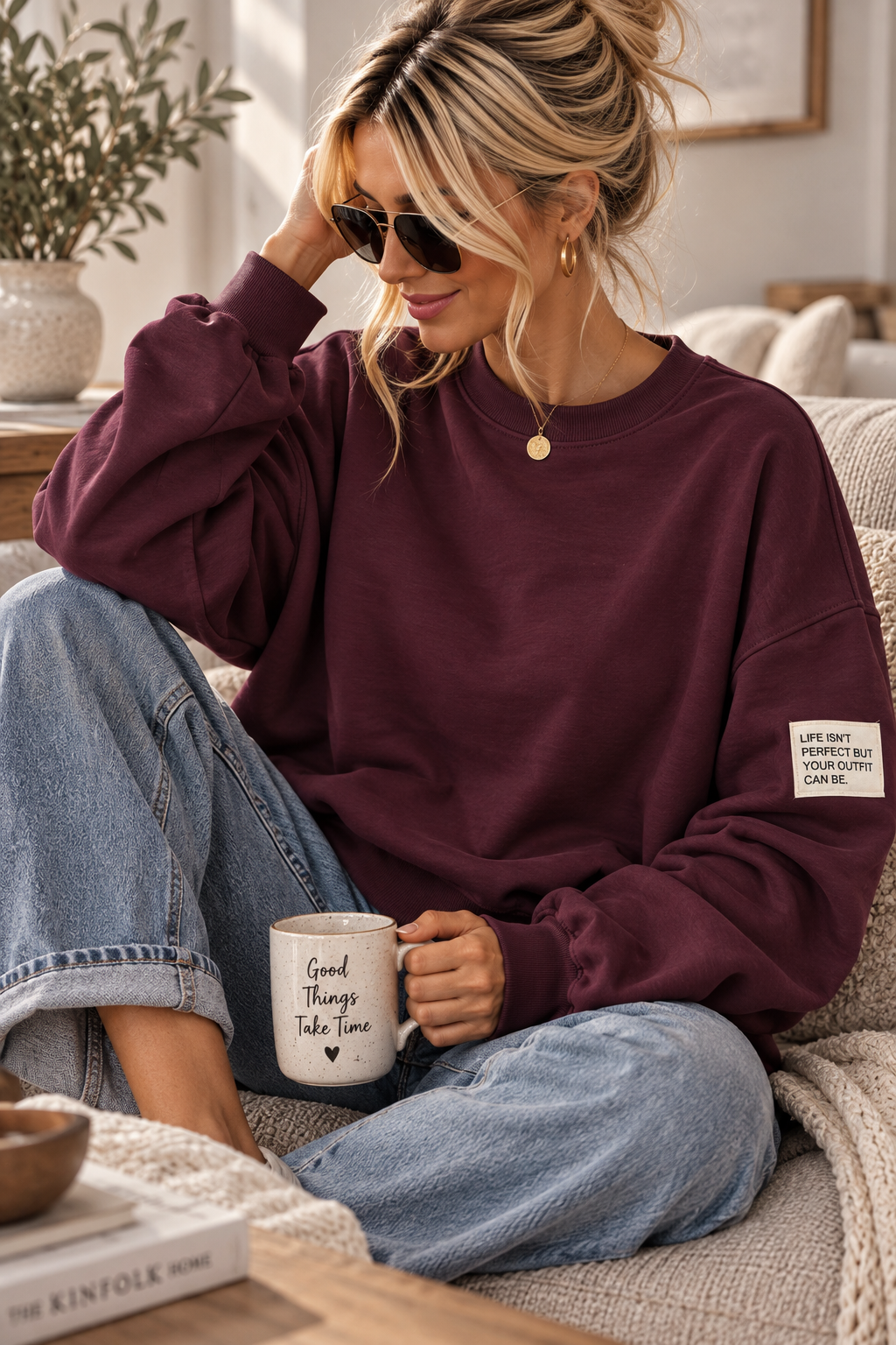 Butterstoff-Sweatshirt uni mit Statement-Patch – SW0094 Made in Italy Gr 34-42