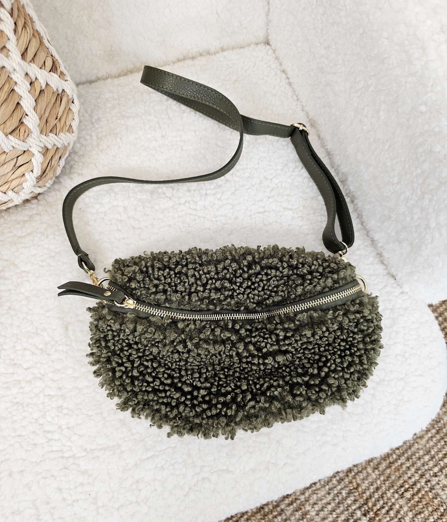 BAUCHTASCHE TEDDY M AURI KHAKI Umhängetasche mit Leder Made in Italy