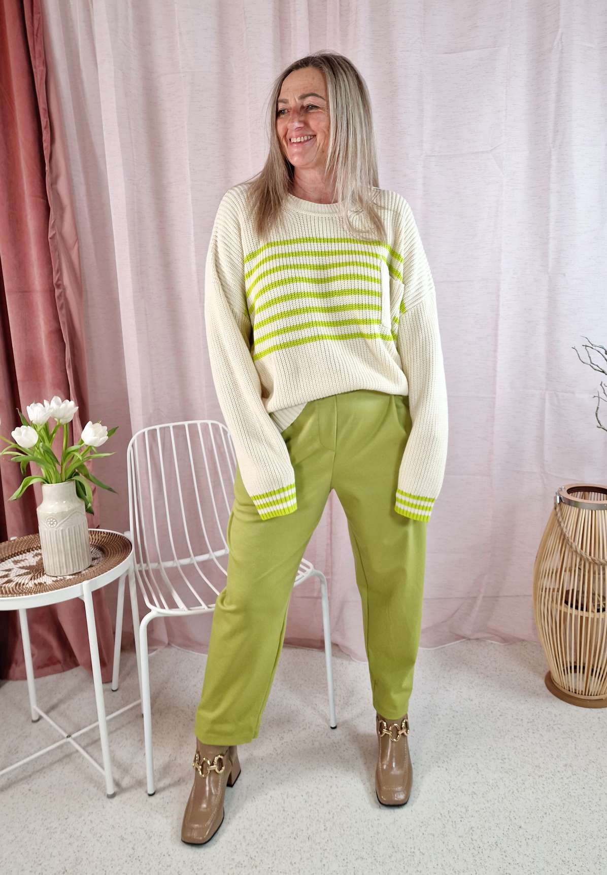 LIGHT KNIT SWEATER PIA STRIPES CREME GRÜN 34-42 Italy Style Strickpullover Longsleeve STREIFEN