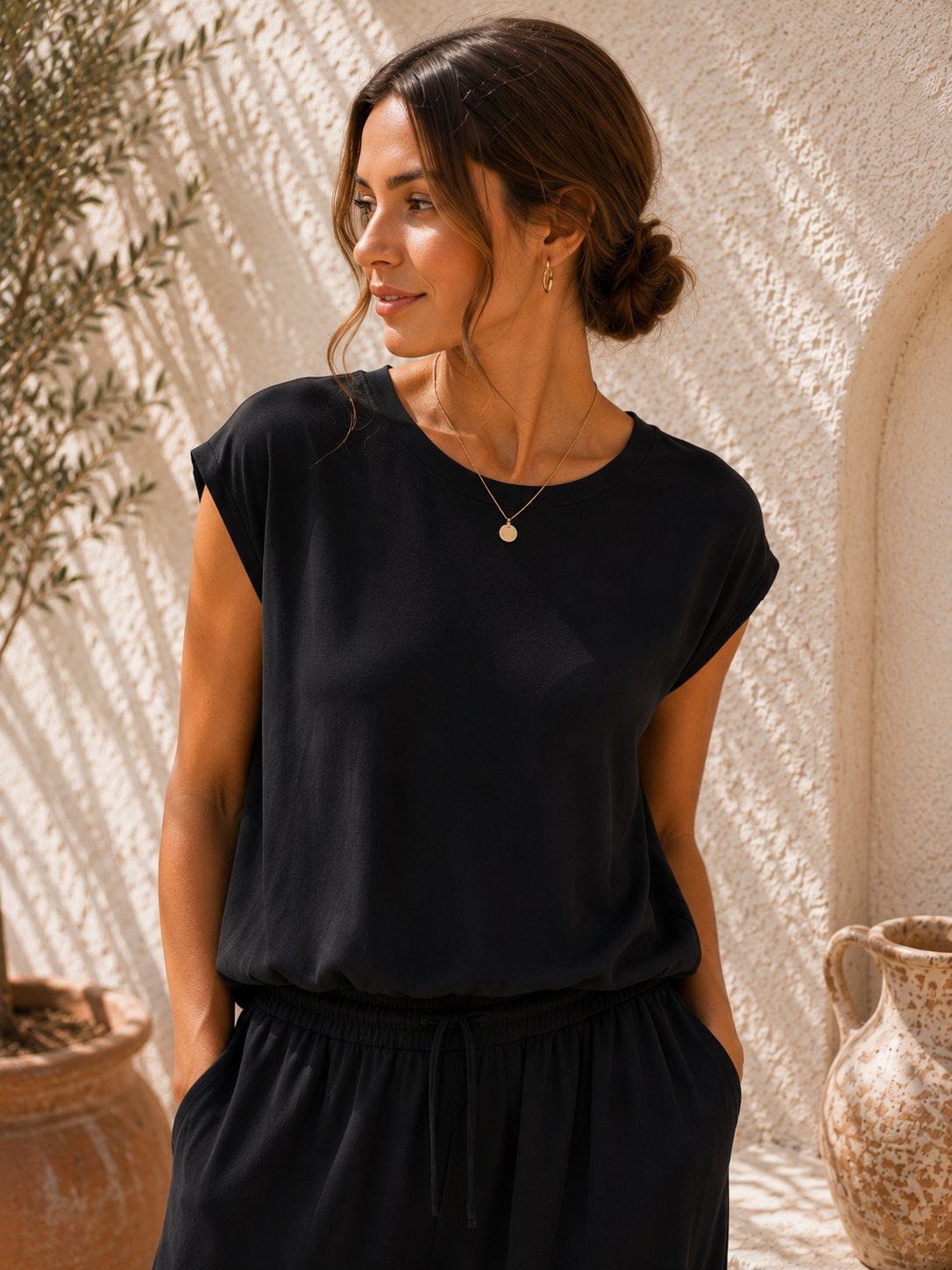 Basic T-Shirt Annalisa mit Gummibund Uni Made in Italy 34-40/42