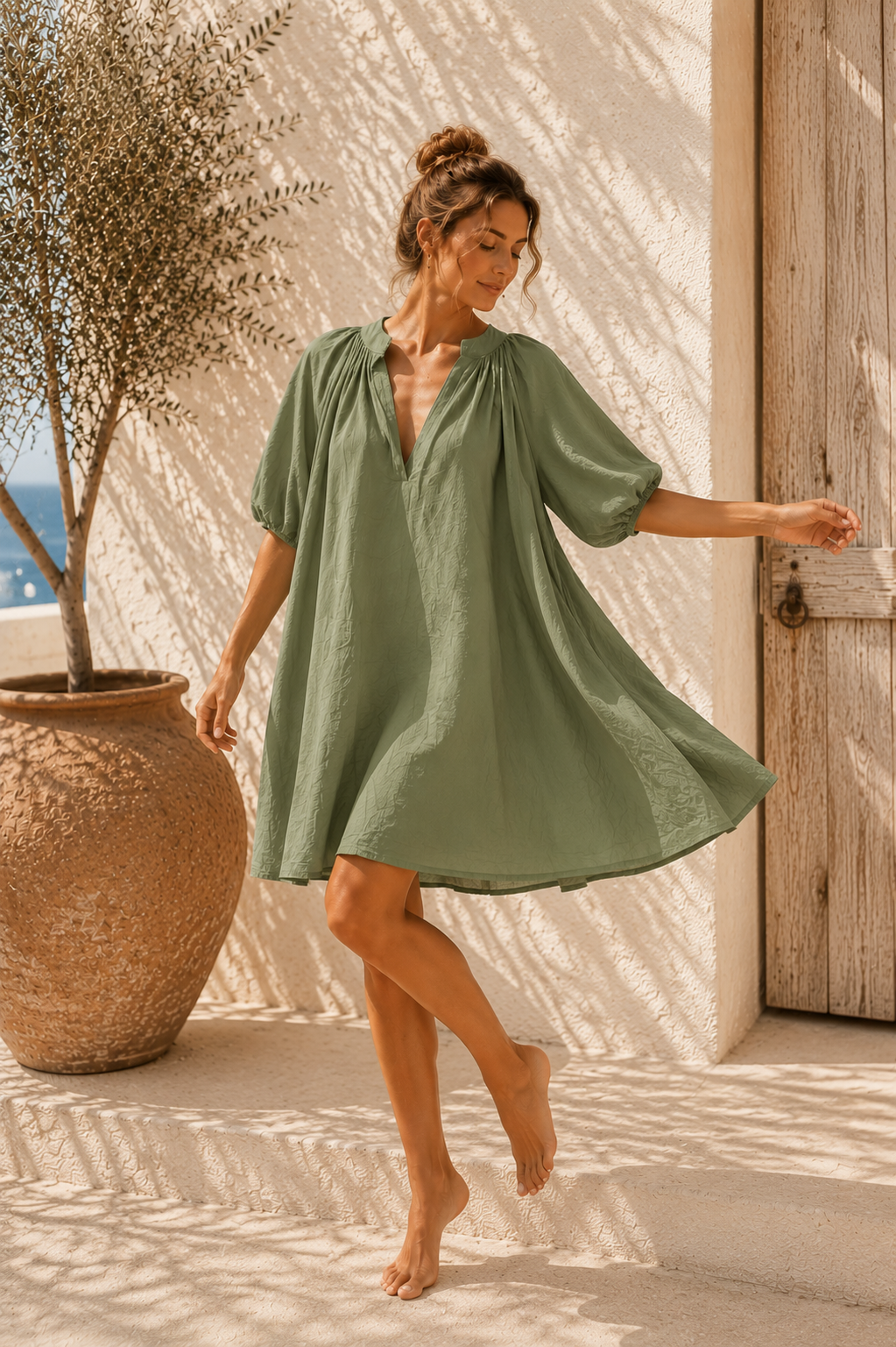 Kleid Kesia Tulpenärmel Uni Baumwolle Made in Italy 34-42/44