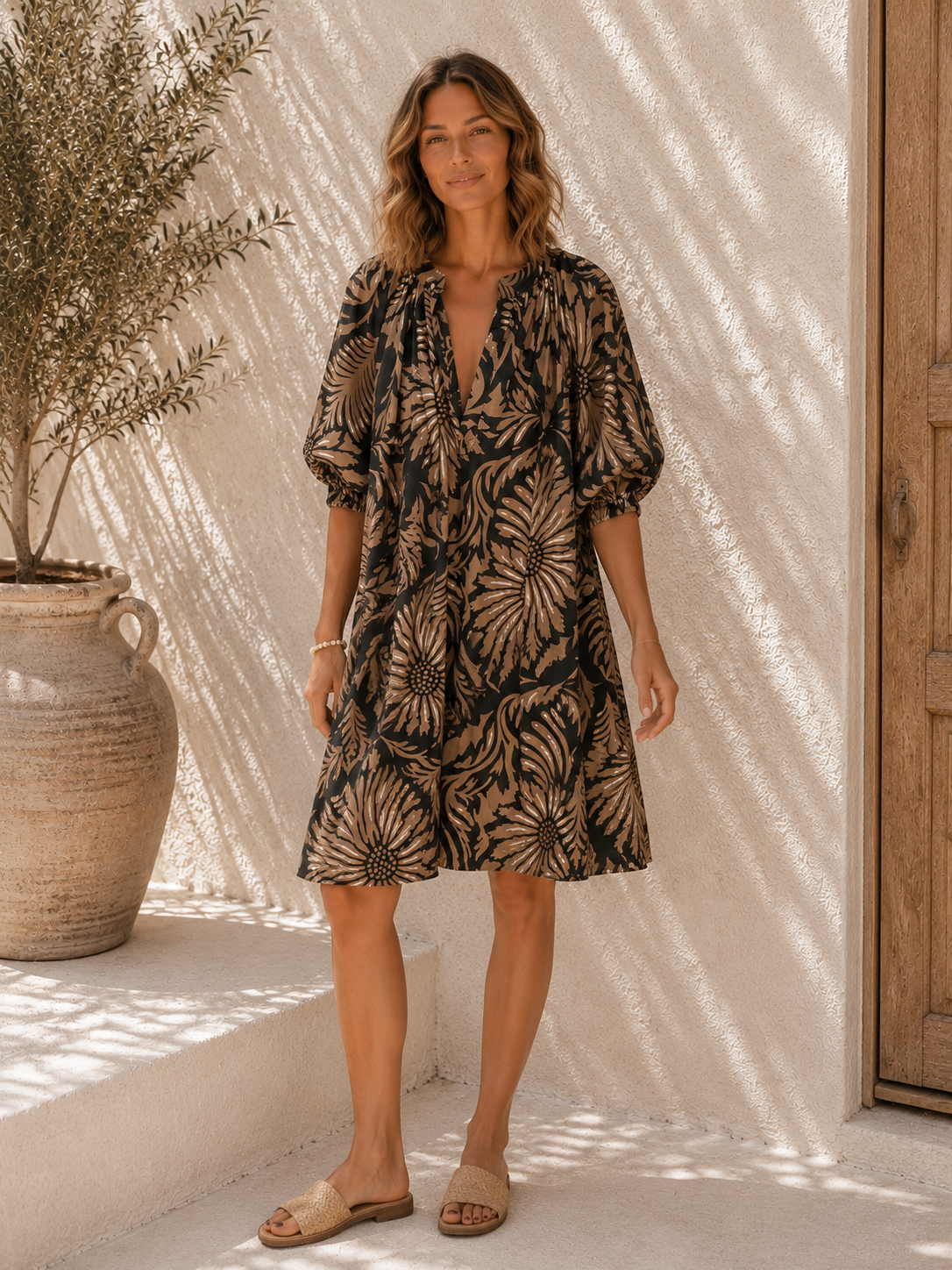 Kleid Kimolos Blätter- und Blumendesign Made in Italy 34-42/44