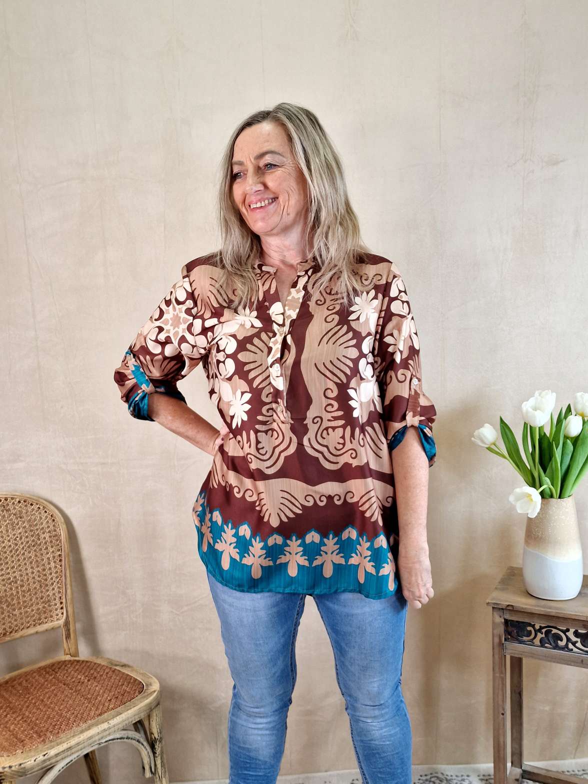 BLUSE MARESA BRAUN PETROL 34-42 Made in Italy Oversize Shirt Hemd Silk Optik BLUSE MARESA BRAUN PETROL 34-42 Made in Italy Oversize Shirt Hemd Silk Optik