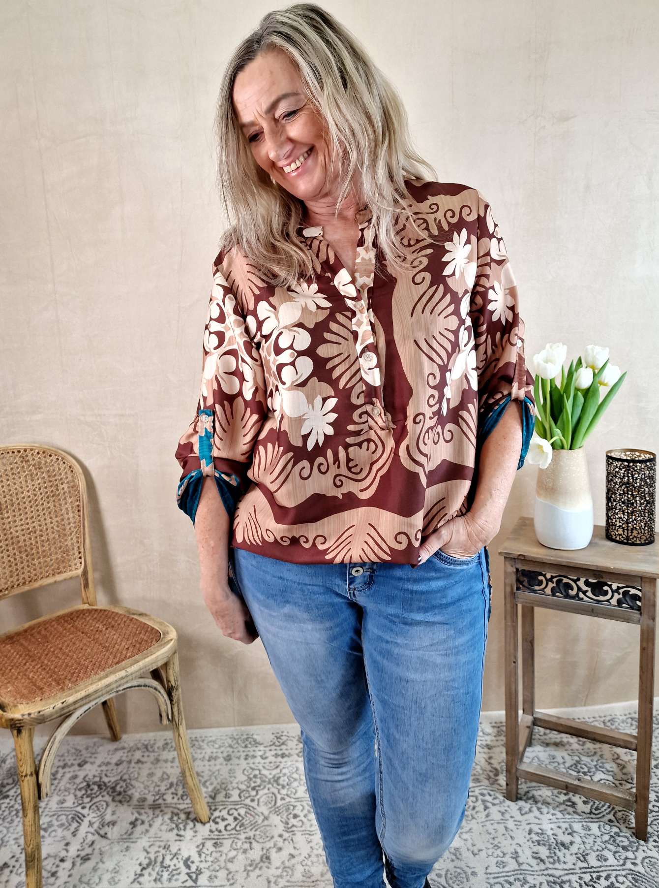 BLUSE MARESA BRAUN PETROL 34-42 Made in Italy Oversize Shirt Hemd Silk Optik BLUSE MARESA BRAUN PETROL 34-42 Made in Italy Oversize Shirt Hemd Silk Optik