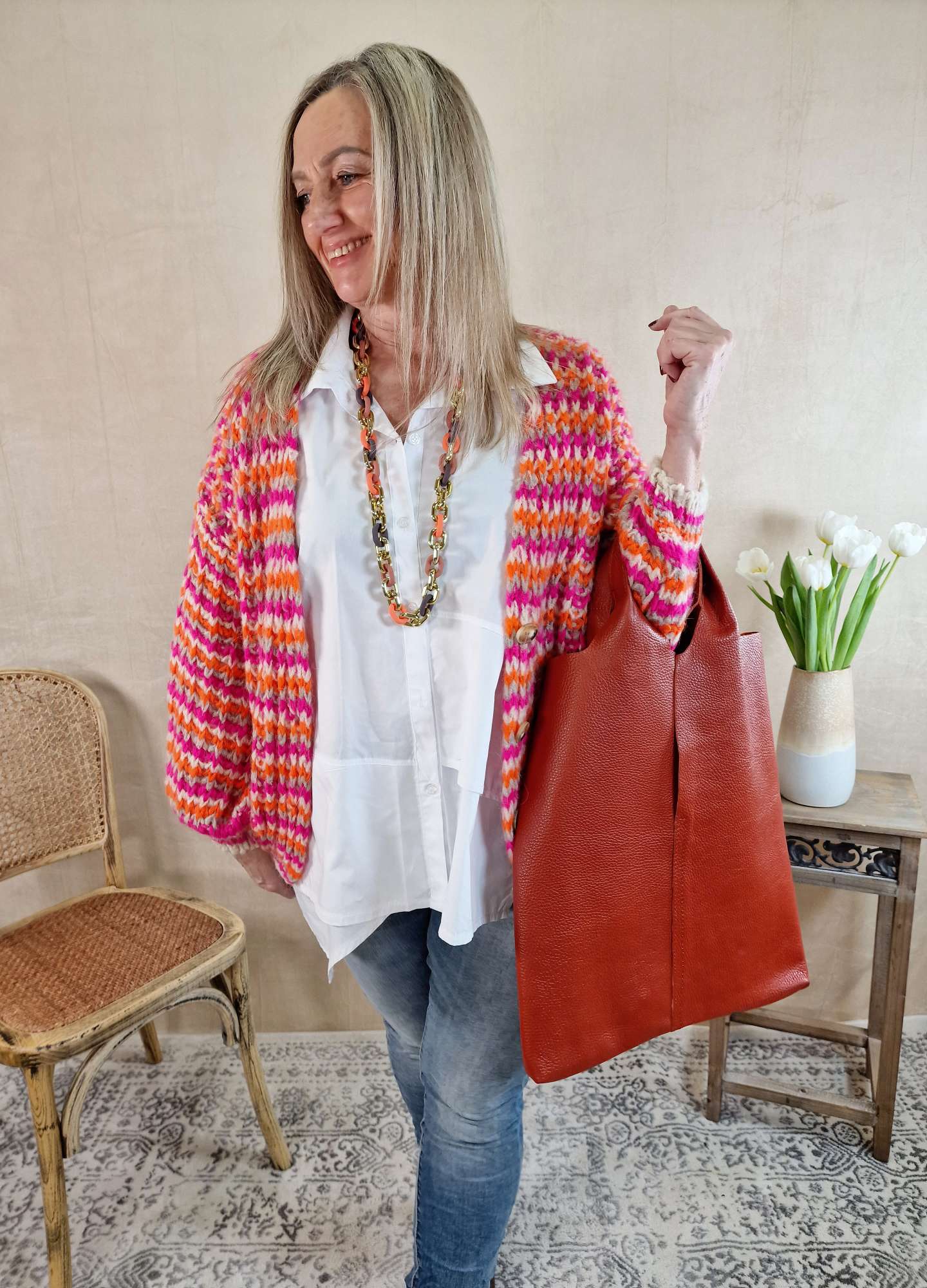 SHORT KNIT CARDIGAN DOMINO PINK ORANGE CREME kurze Strick Jacke Made in Italy 34-42 SHORT KNIT CARDIGAN DOMINO PINK ORANGE CREME kurze Strick Jacke Made in Italy 34-42