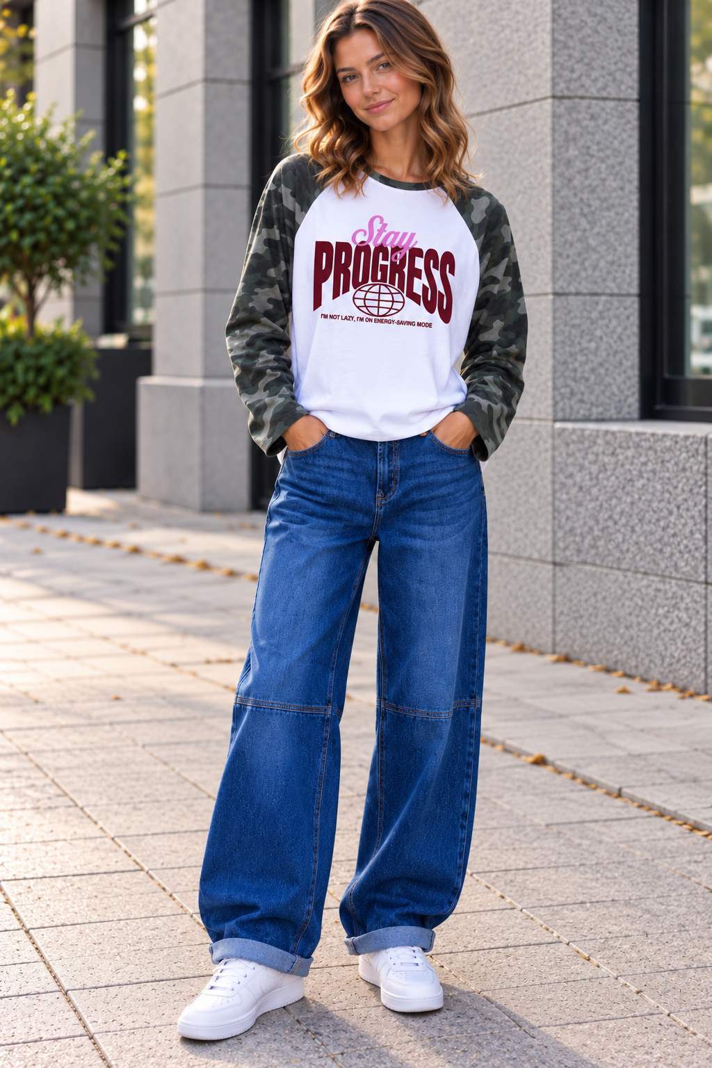 Langarmshirt Statement-Shirt STAY PROGRESS  I LS0163 I Made in Italy 34-40/42 Longsleeve