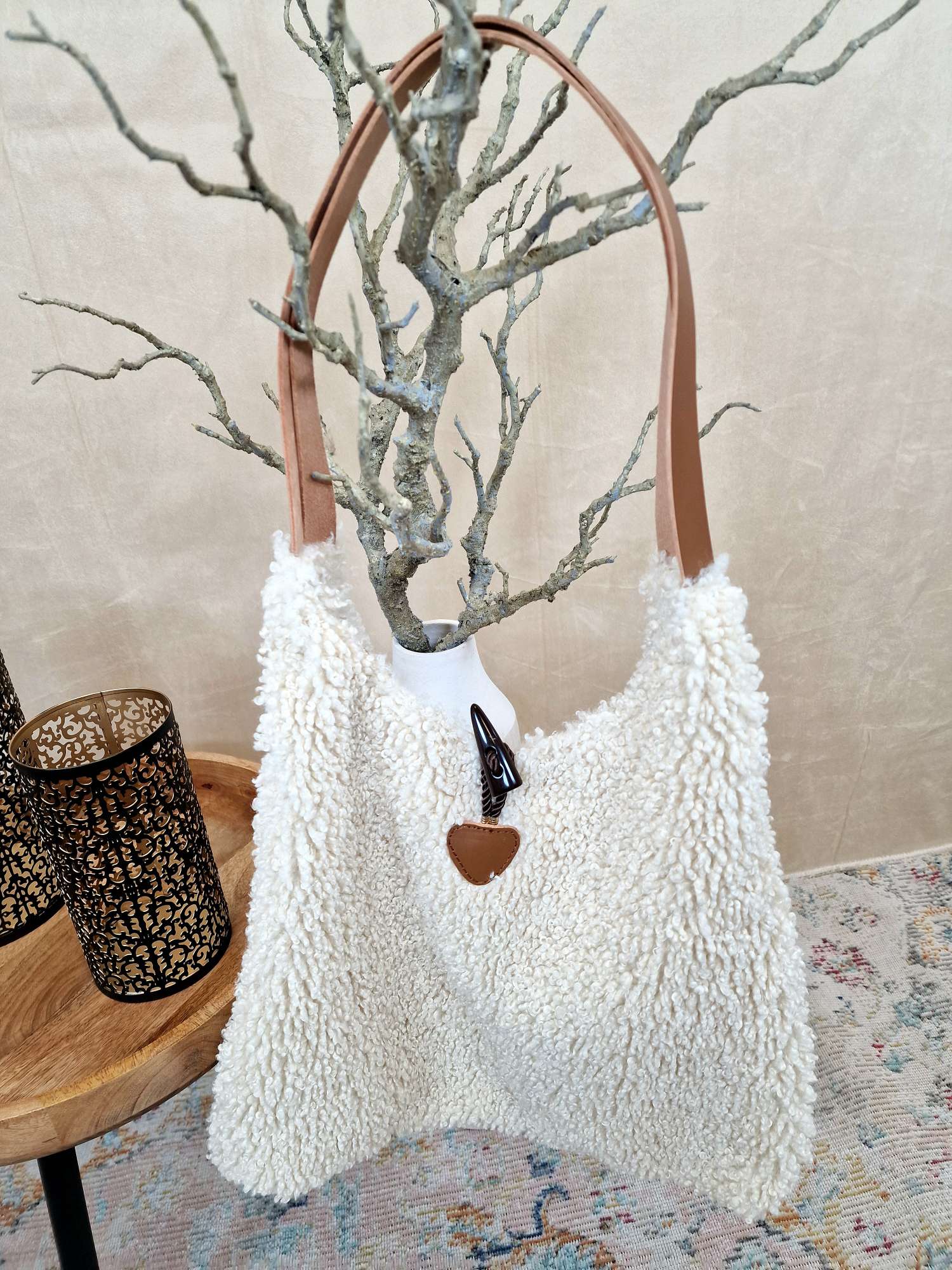 TEDDY FELL SHOPPER LIZZY CREME flauschige Shopping Bag Tasche mit Leder-Henkel Made in Italy TEDDY FELL SHOPPER LIZZY CREME flauschige Shopping Bag Tasche mit Leder-Henkel Made in Italy