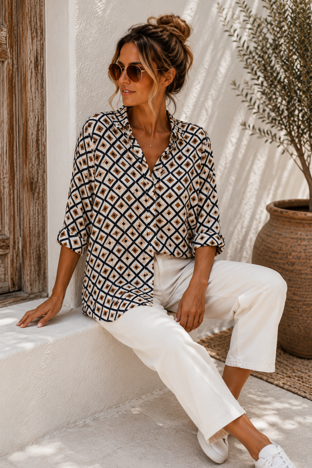 Bluse Valeria – Edle Kofferbluse mit grafischem Muster – Edle Kofferbluse mit grafischem Muster Made in Italy Gr 34-42