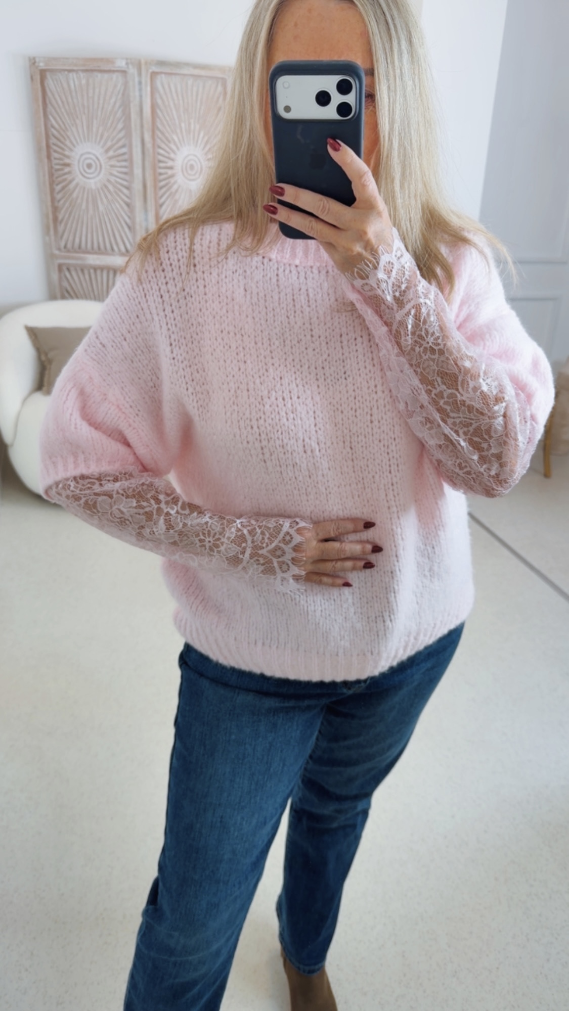 BASIC KNIT PULLOVER KIARA mit Spitze 34 - 44 Made in Italy Strickpullover