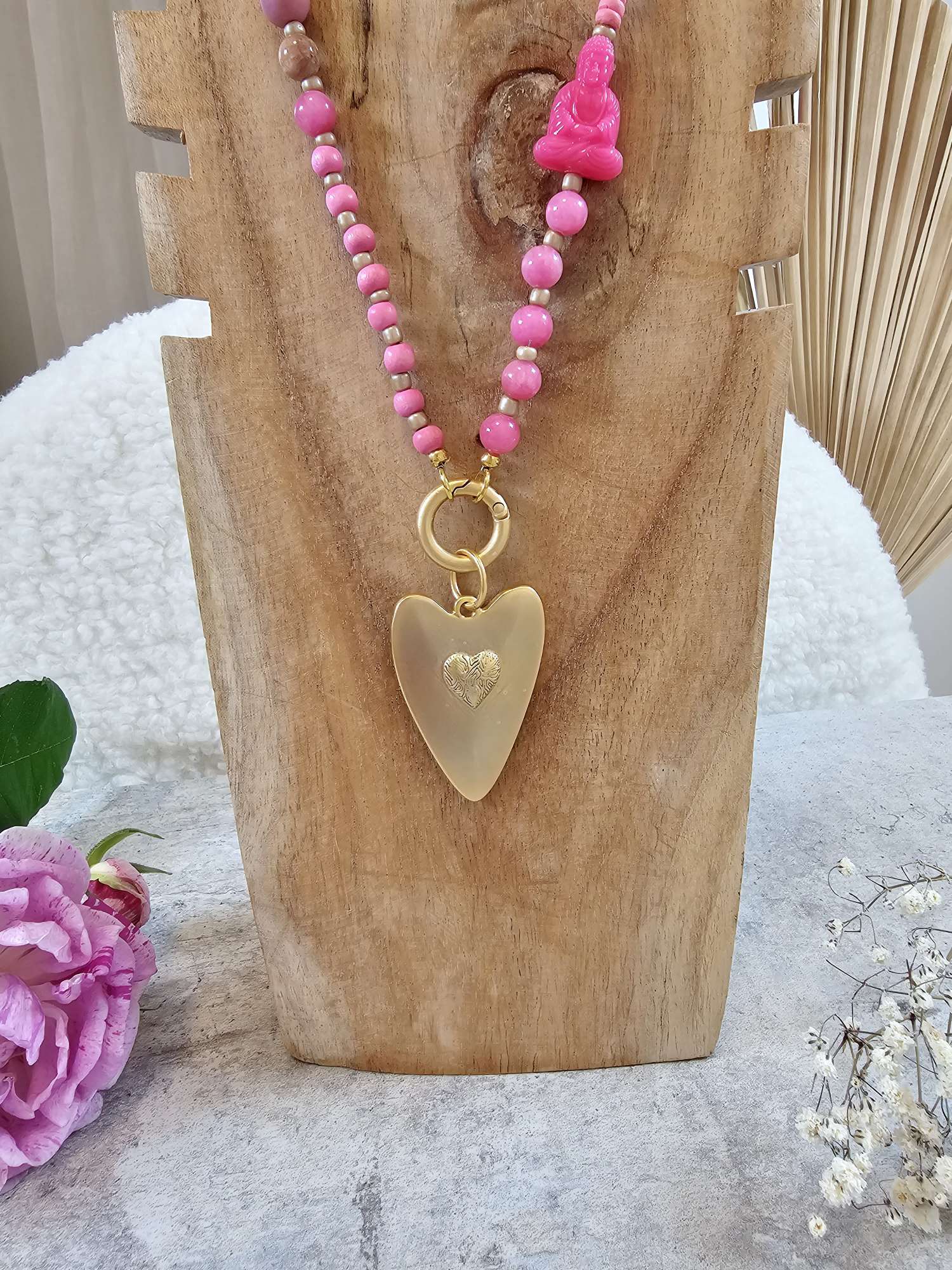   EXKLUSIVE LANGE KETTE BUDDHA PINK HEART Gold Shiny 