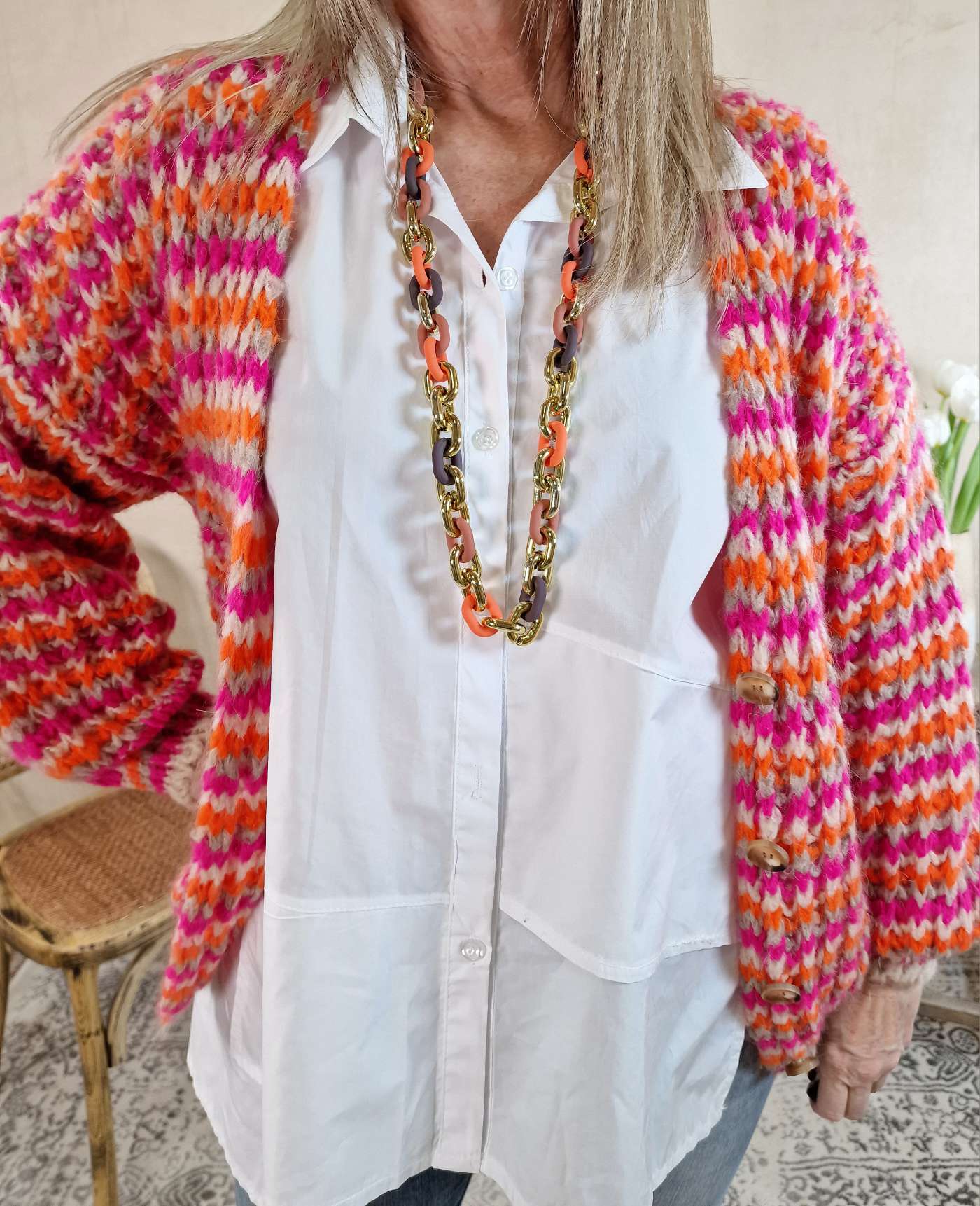 SHORT KNIT CARDIGAN DOMINO PINK ORANGE CREME kurze Strick Jacke Made in Italy 34-42 SHORT KNIT CARDIGAN DOMINO PINK ORANGE CREME kurze Strick Jacke Made in Italy 34-42