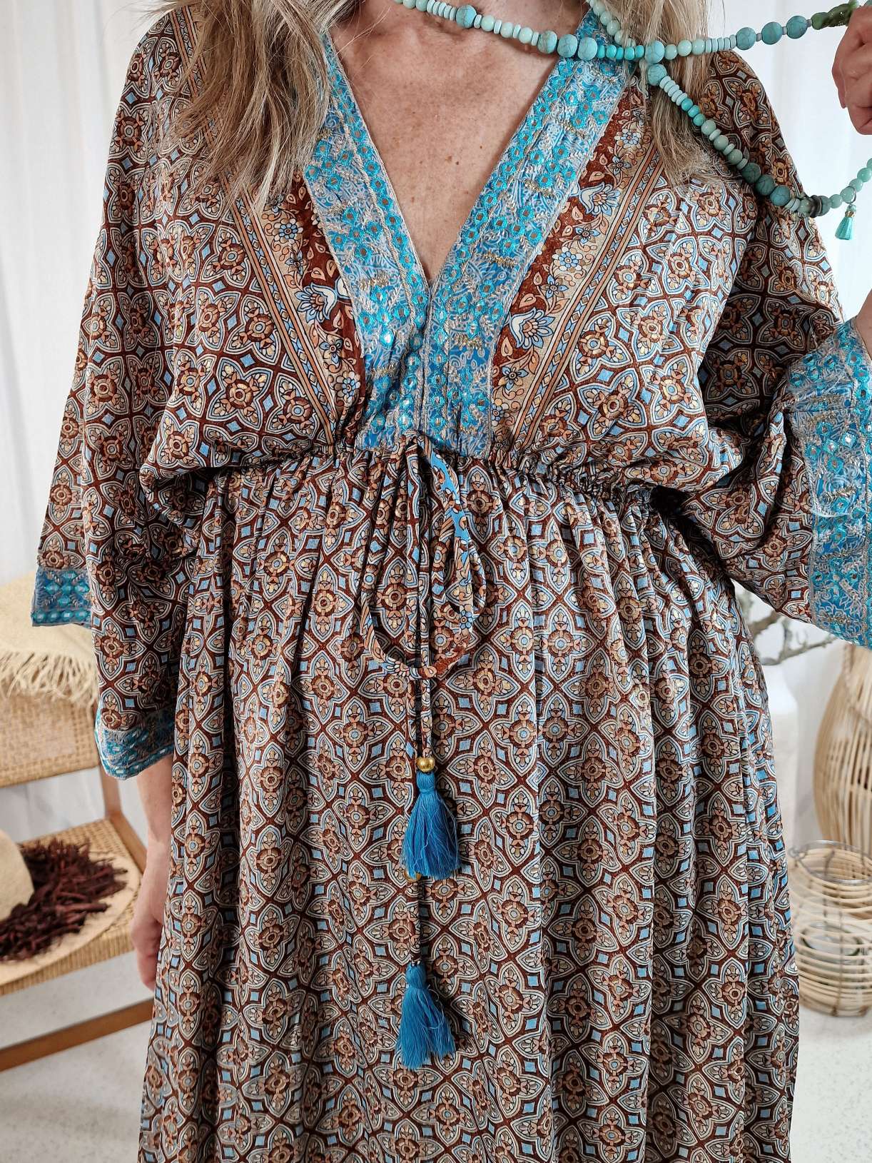 SILK DRESS MALEDIVE ALICE BRAUN HELLBLAU 34-40 Boho Boheimian Seide Kleid Maxi Beach Sommer