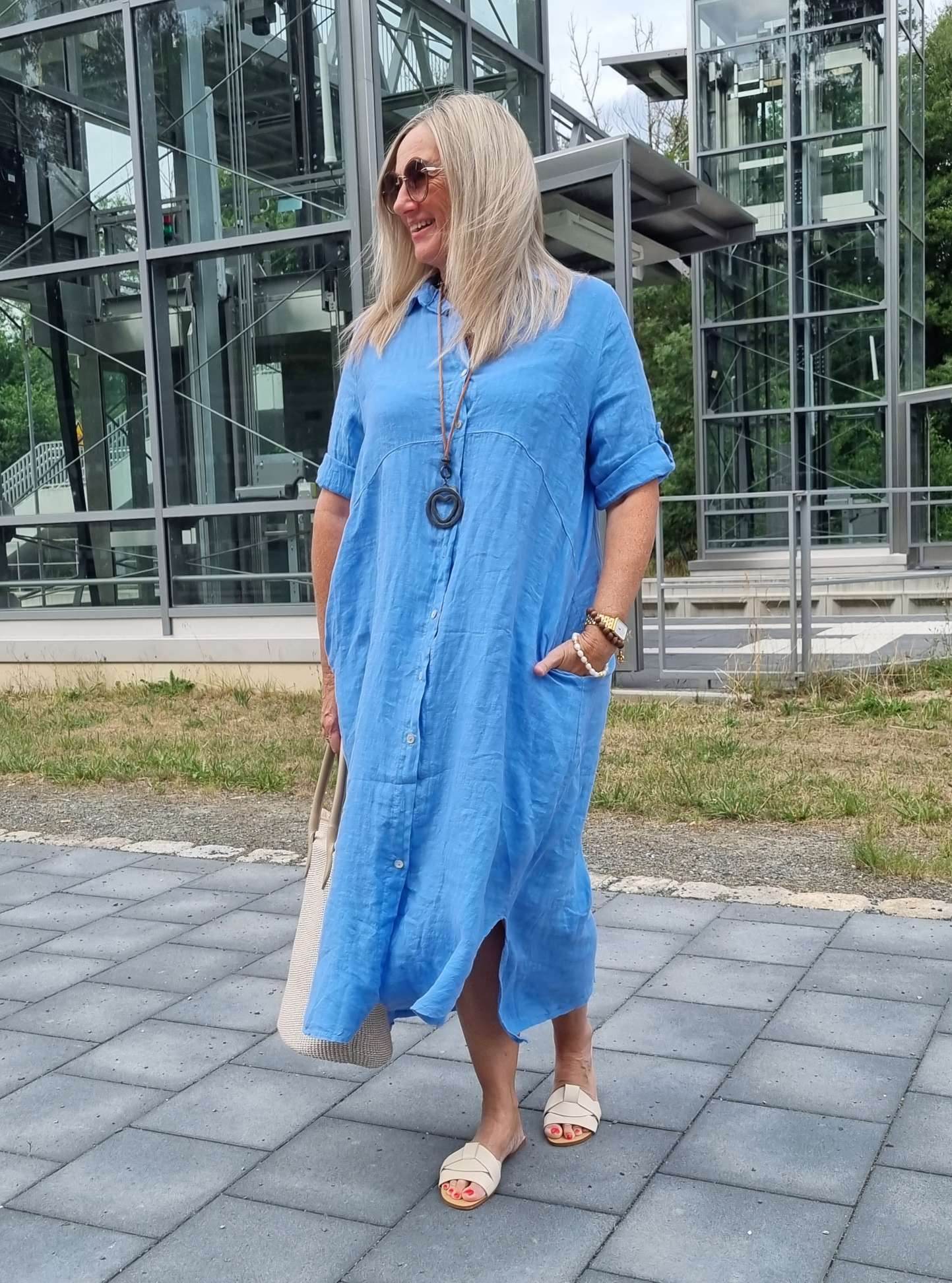 LINEN DESS WILMA DENIM BLAU 34-42 Made in Italy Leinen Kleid Long Bluse Mantel LINEN DESS WILMA DENIM BLAU 34-42 Made in Italy Leinen Kleid Long Bluse Mantel