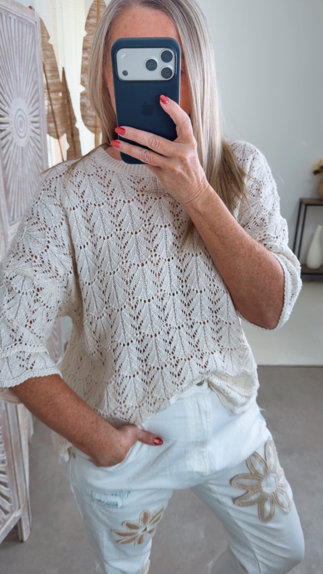 Strickshirt Lochmuster Fili Uni Made in Italy 34-42 Kurzarm Pullover