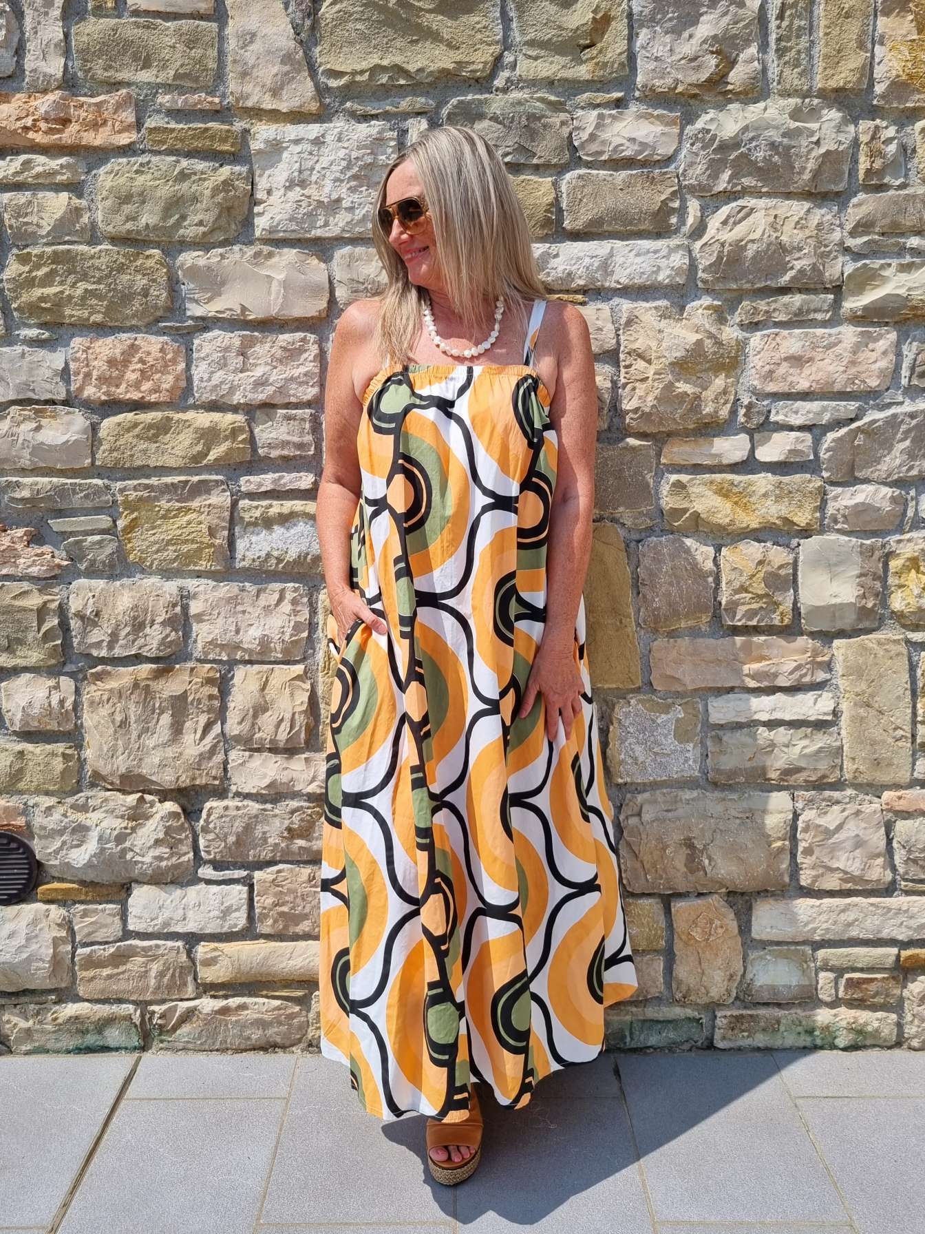 SPAGHETTI DRESS AOSTA ORANGE KHAKI 34-42 Made in Italy Maxi Kleid Sommer Strandkleid SPAGHETTI DRESS AOSTA ORANGE KHAKI 34-42 Made in Italy Maxi Kleid Sommer Strandkleid