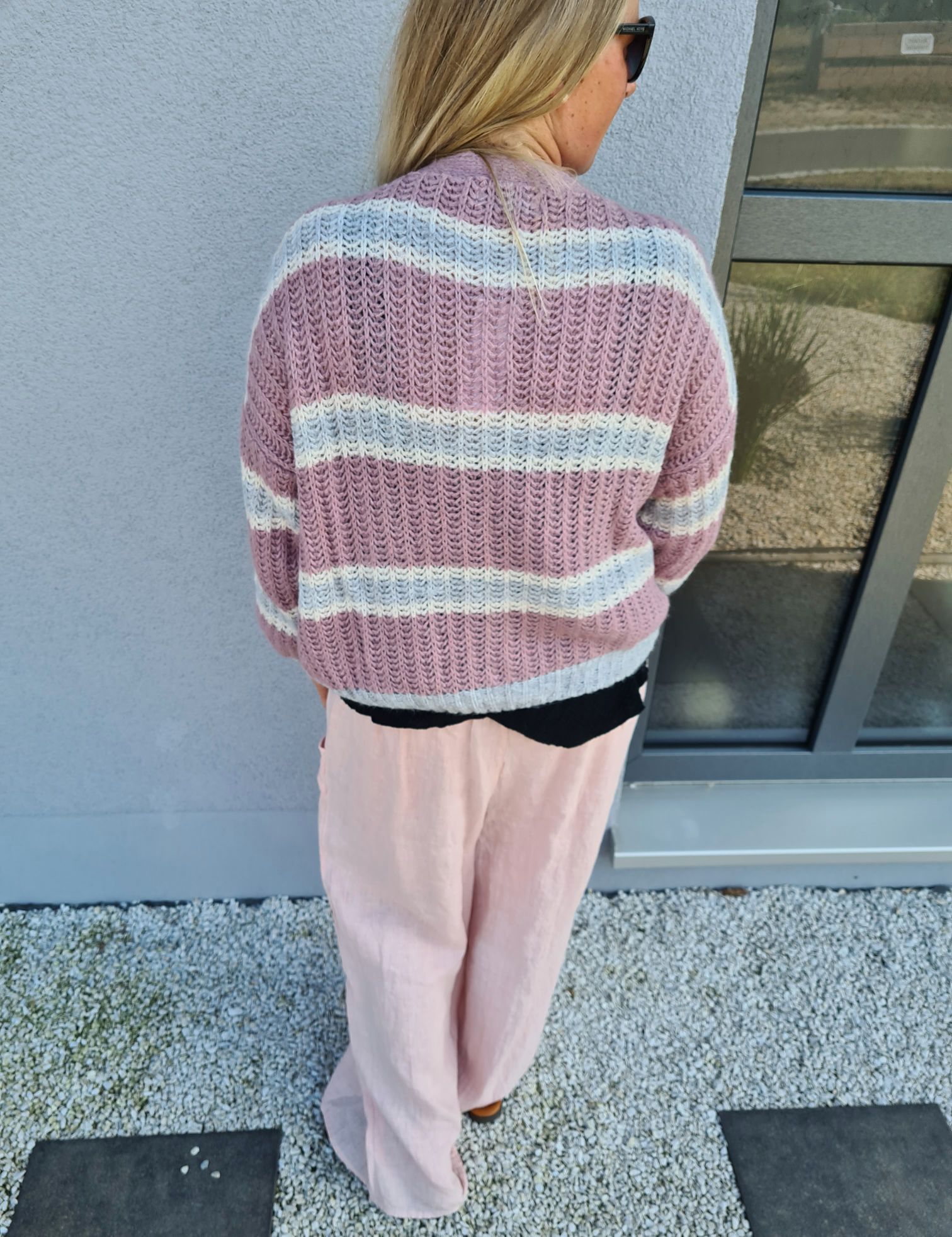 SHORT KNIT CARDIGAN MYKONOS STRIPES BUTTONS ROSA GRAU kurze Strick Jacke Made in Italy Knöpfe Streifen 34-42 SHORT KNIT CARDIGAN MYKONOS STRIPES BUTTONS ROSA GRAU kurze Strick Jacke Made in Italy Knöpfe Streifen 34-42