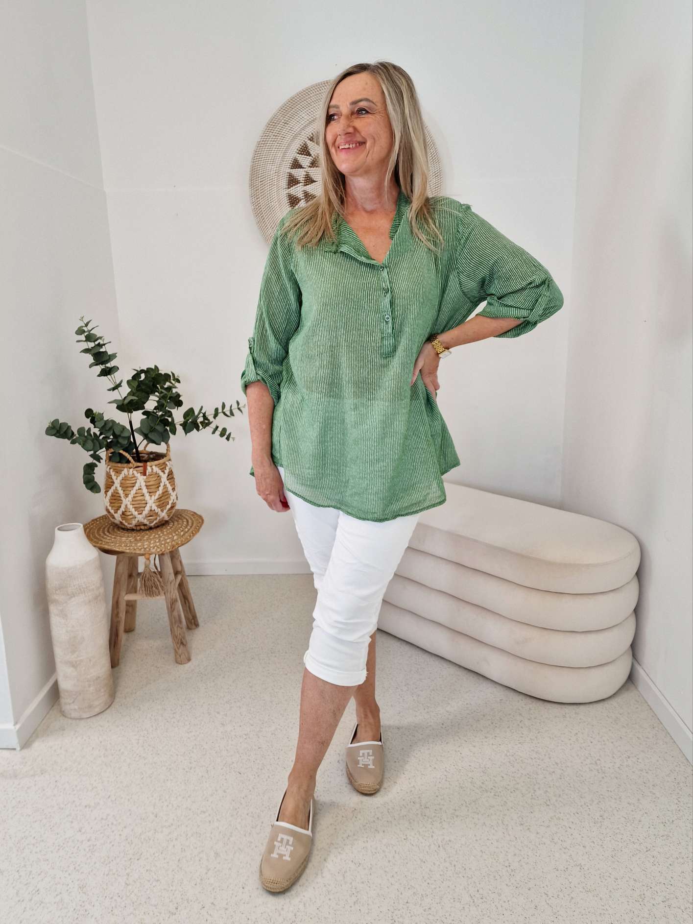 ZARTE STREIFEN BLUSE BELINDE GRÜN 34-42 langarm Bluse Shirt ZARTE STREIFEN BLUSE BELINDE GRÜN 34-42 langarm Bluse Shirt