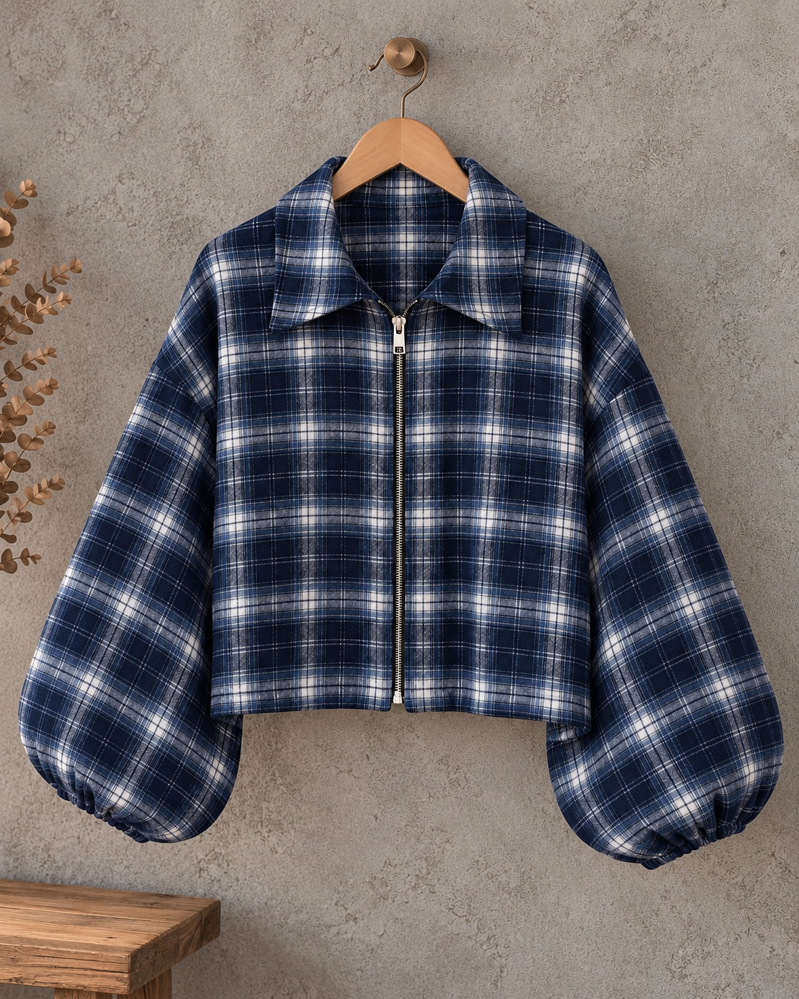 Flanell-Karojacke mit Ballonärmeln I J0133 I 34-44 I Made in Italy