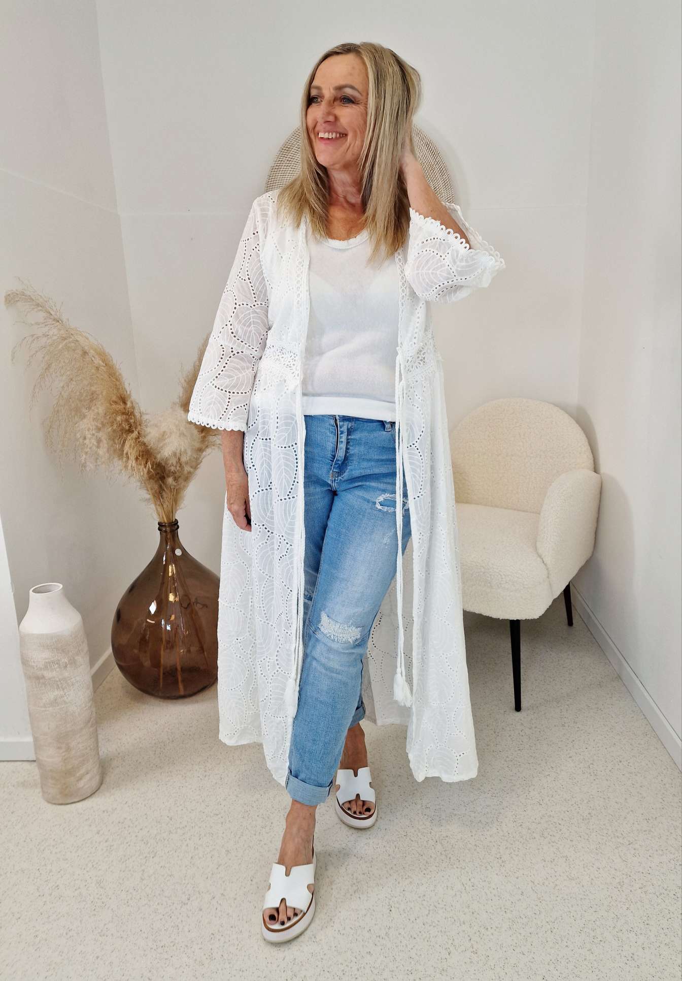 KIMONO KORSIKA WEISS 34-38 LANG Italy Style edler Sommer Mantel Strand Jacke Kaftan RD8822