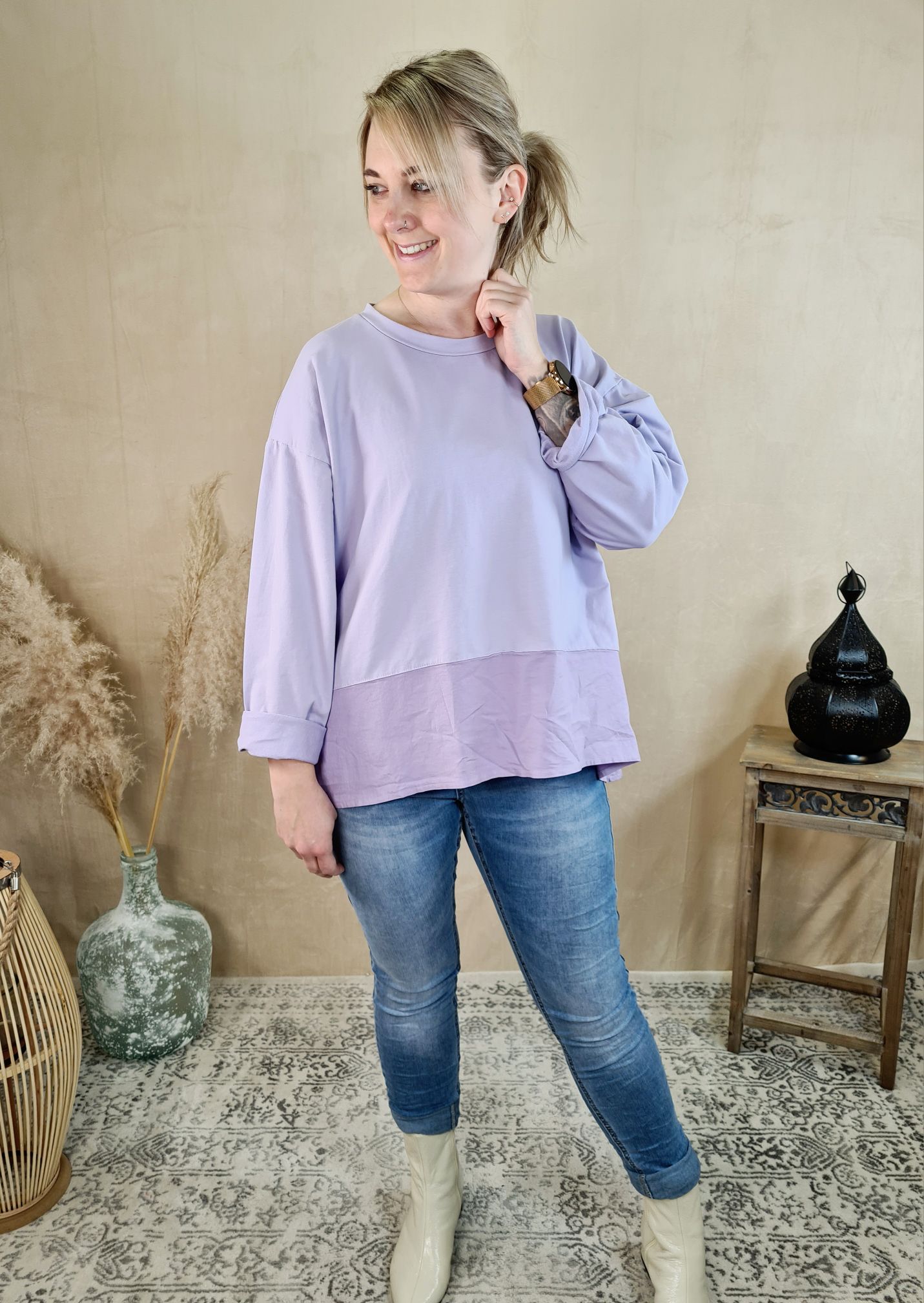 BASIC LONGSLEEVE SHIRT BRITTA FLIEDER 34-42 Made in Italy Langarm Pullover Vokuhila