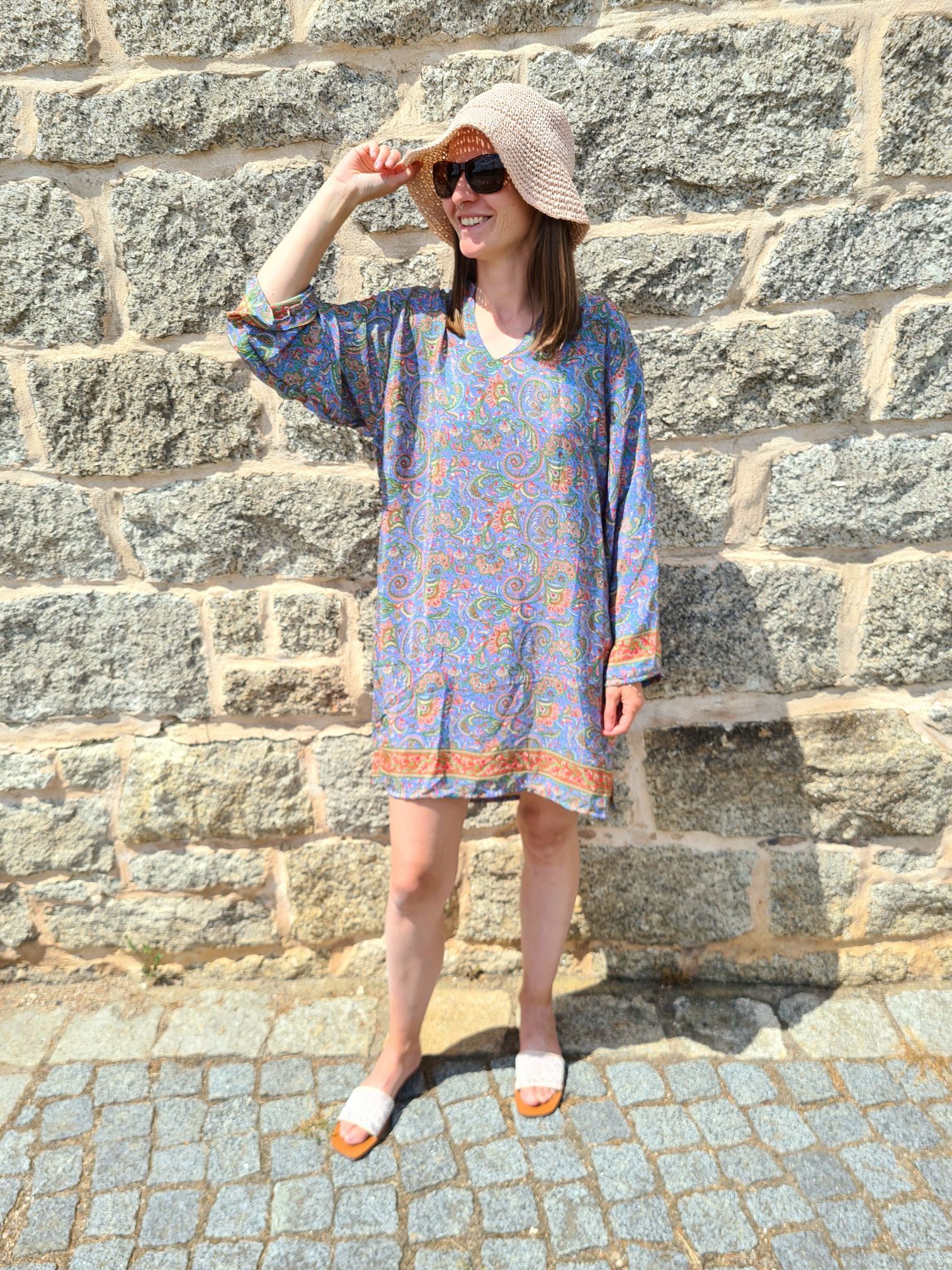 SHORT SILK DRESS GREECE HELLBLAU 34-38/40 Italy Style Seide Kleid #DE-9012 SHORT SILK DRESS GREECE HELLBLAU 34-38/40 Italy Style Seide Kleid #DE-9012