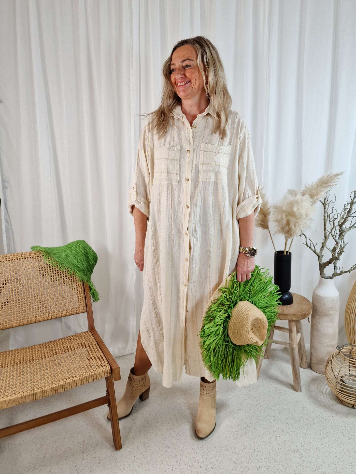 BLUSEN KLEID LOLA BEIGE 34-42 Made in Italy langes Maxi Kleid Oversize Sommerkleid Mantel