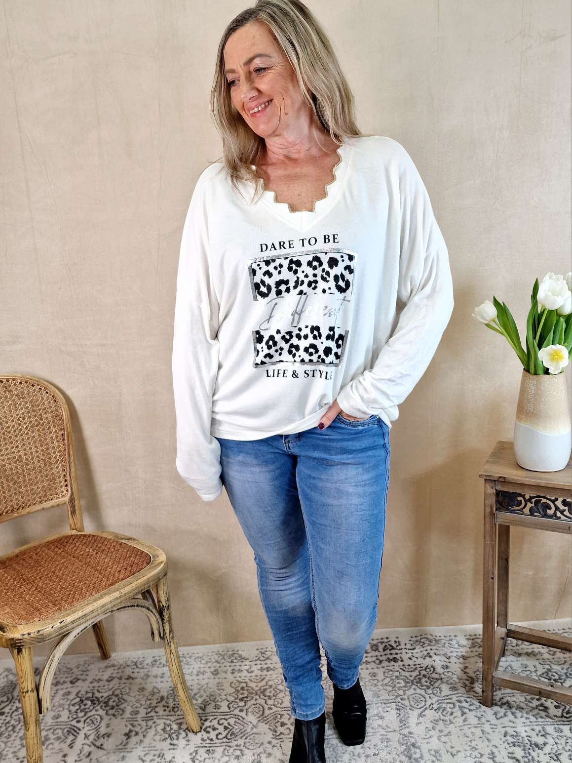 LONGSLEEVE SHIRT DARE TO BE DIFFERENT CREME 34-42/44 Made in Italy Langarm Pullover Oversize LONGSLEEVE SHIRT DARE TO BE DIFFERENT CREME 34-42/44 Made in Italy Langarm Pullover Oversize