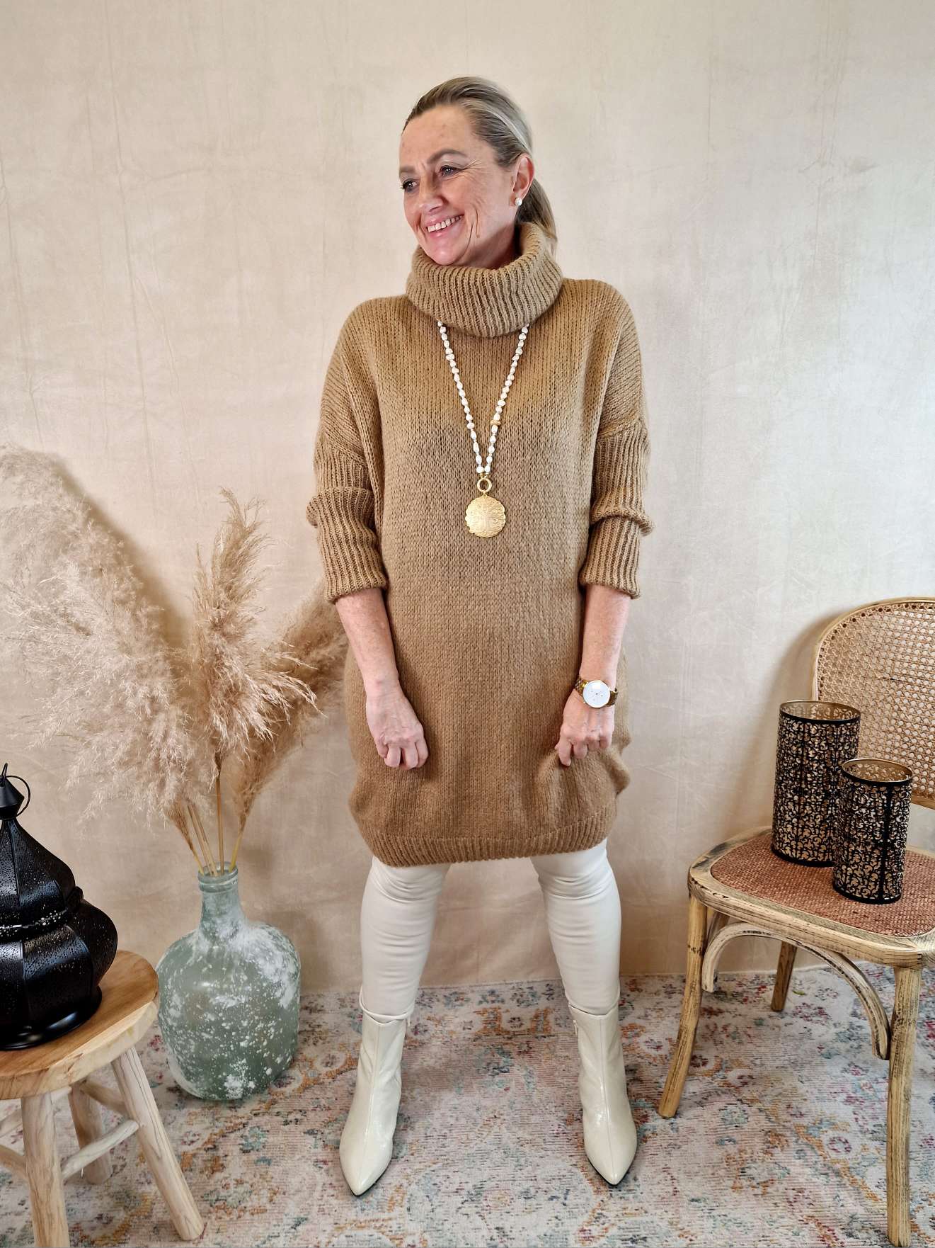 OVERSIZE KNIT DRESS HAJO CAMEL 34-40 Made in Italy Strickkleid Pullover Rollkragen