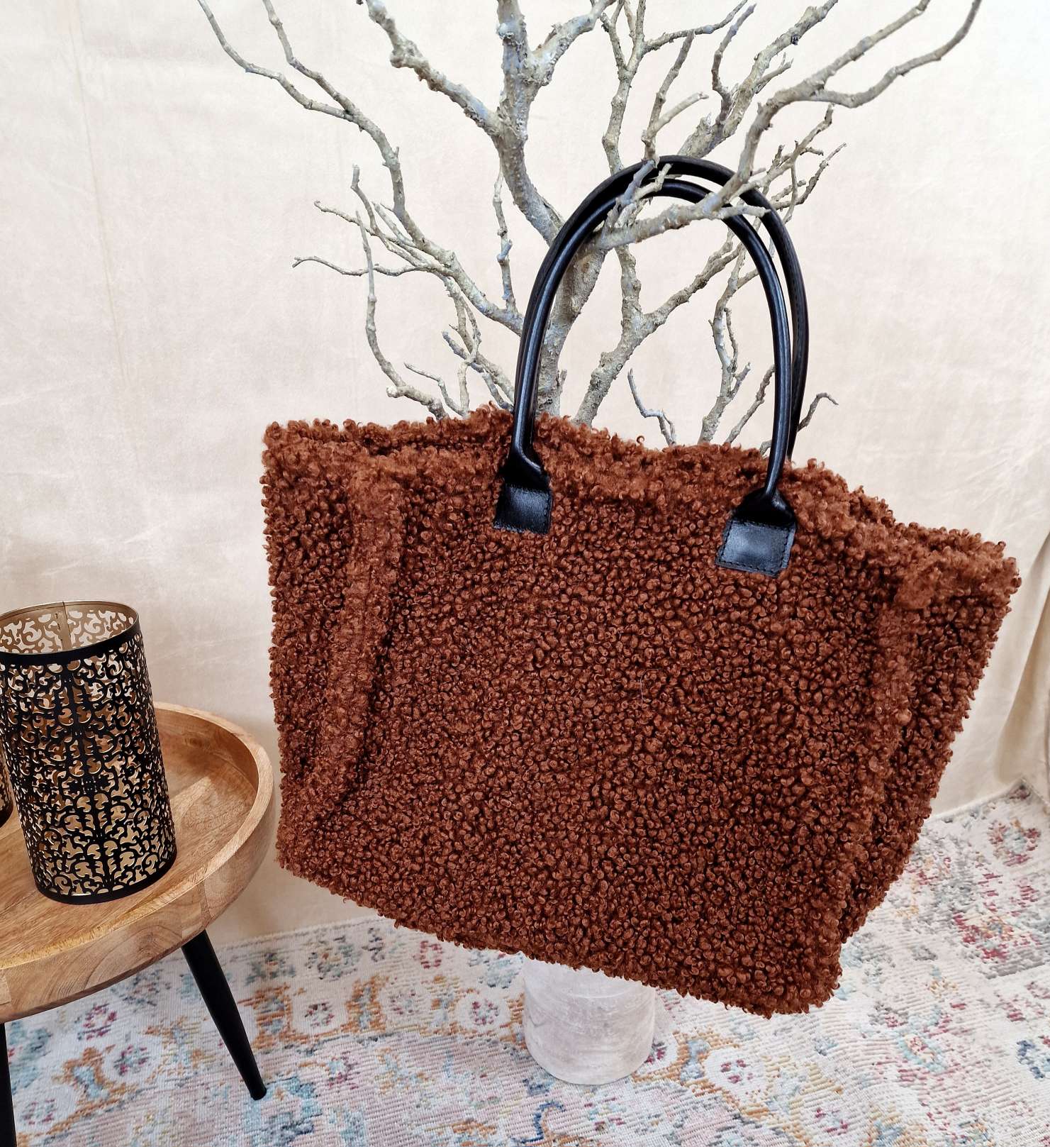 TEDDY FELL SHOPPER ELENI DUNKELBRAUN flauschige Shopping Bag mit Leder-Henkel Tasche Made in Italy TEDDY FELL SHOPPER ELENI DUNKELBRAUN flauschige Shopping Bag mit Leder-Henkel Tasche Made in Italy