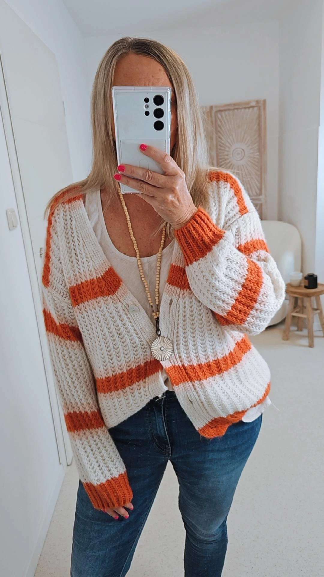 SHORT KNIT CARDIGAN MYKONOS STRIPES BUTTONS  ROST CREME kurze Strick Jacke Made in Italy Streifen Knöpfe  34-42 