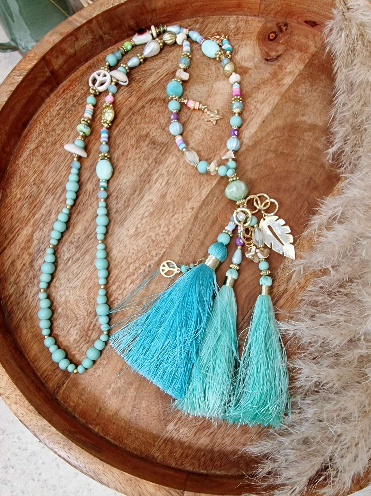 LANGE PERLENKETTE MARTHA TÜRKIS Italy Design Goldfarbig Necklace Halskette Boho Bohemian