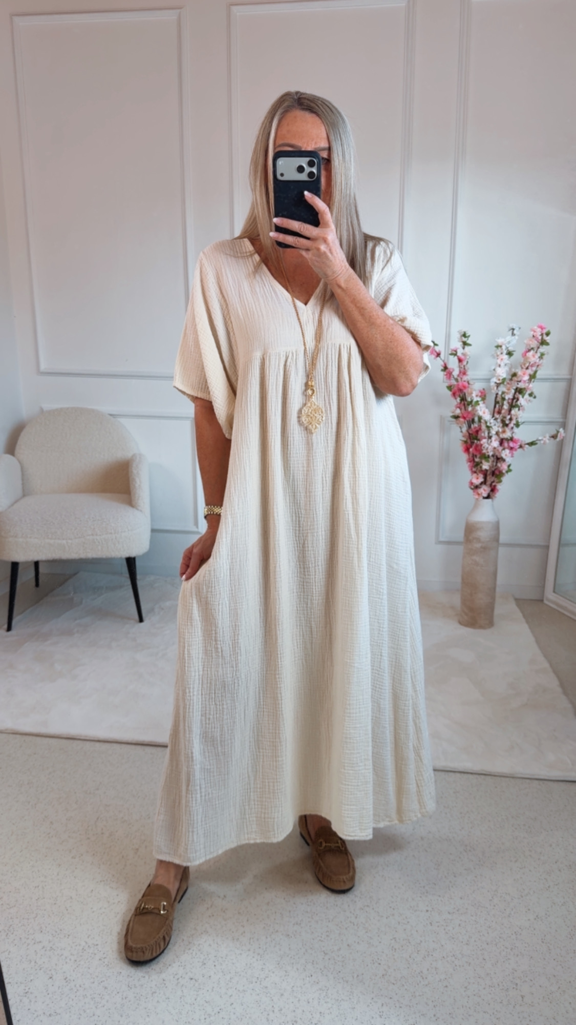 MUSSELIN OVERSIZE DRESS MAURITIUS UNI Kurzarm Kleid Made in Italy 34-44/46