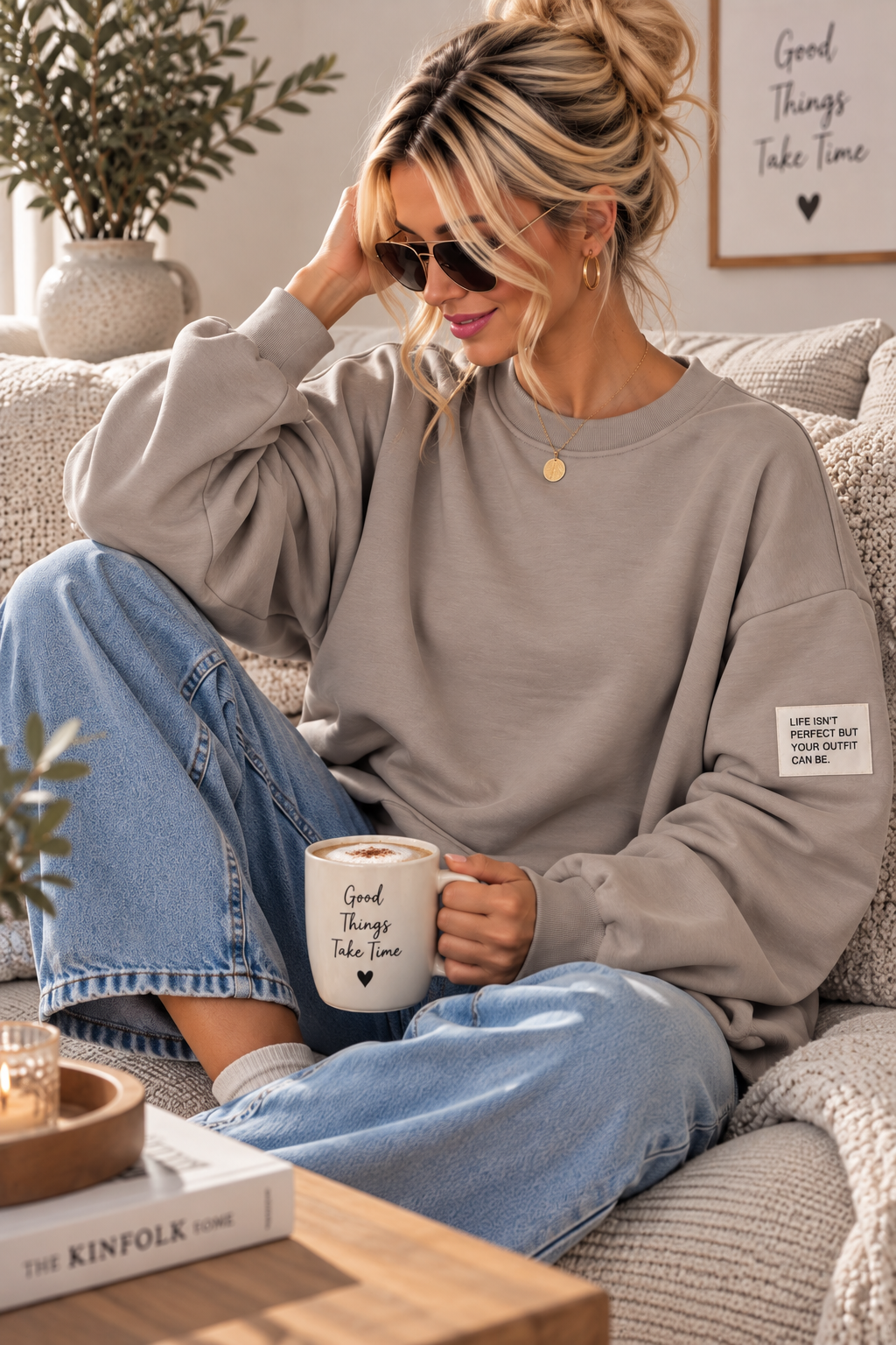Butterstoff-Sweatshirt uni mit Statement-Patch – SW0094 Made in Italy Gr 34-42