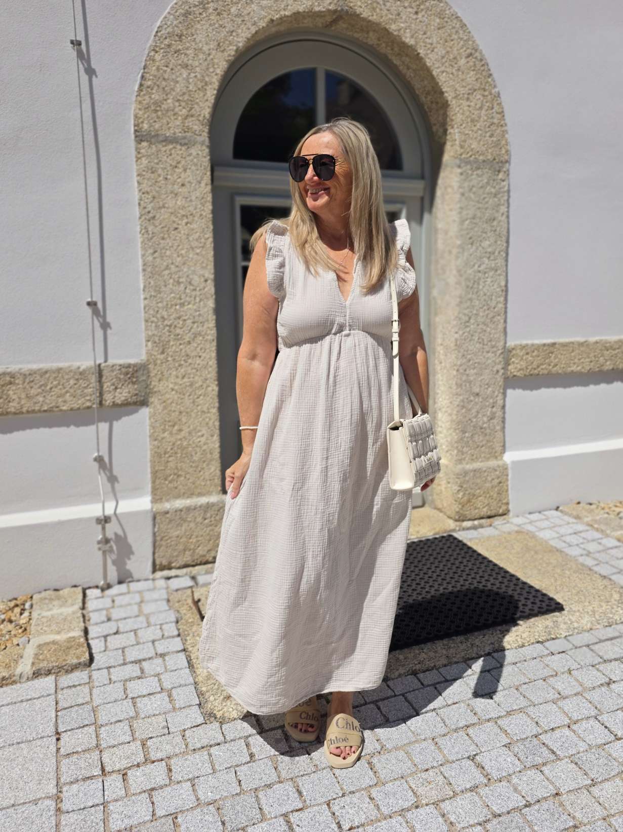 MUSSELIN KlEID ZOE BIANCO MIA 34 - 42 Made in Italy ärmellos Rüsche 