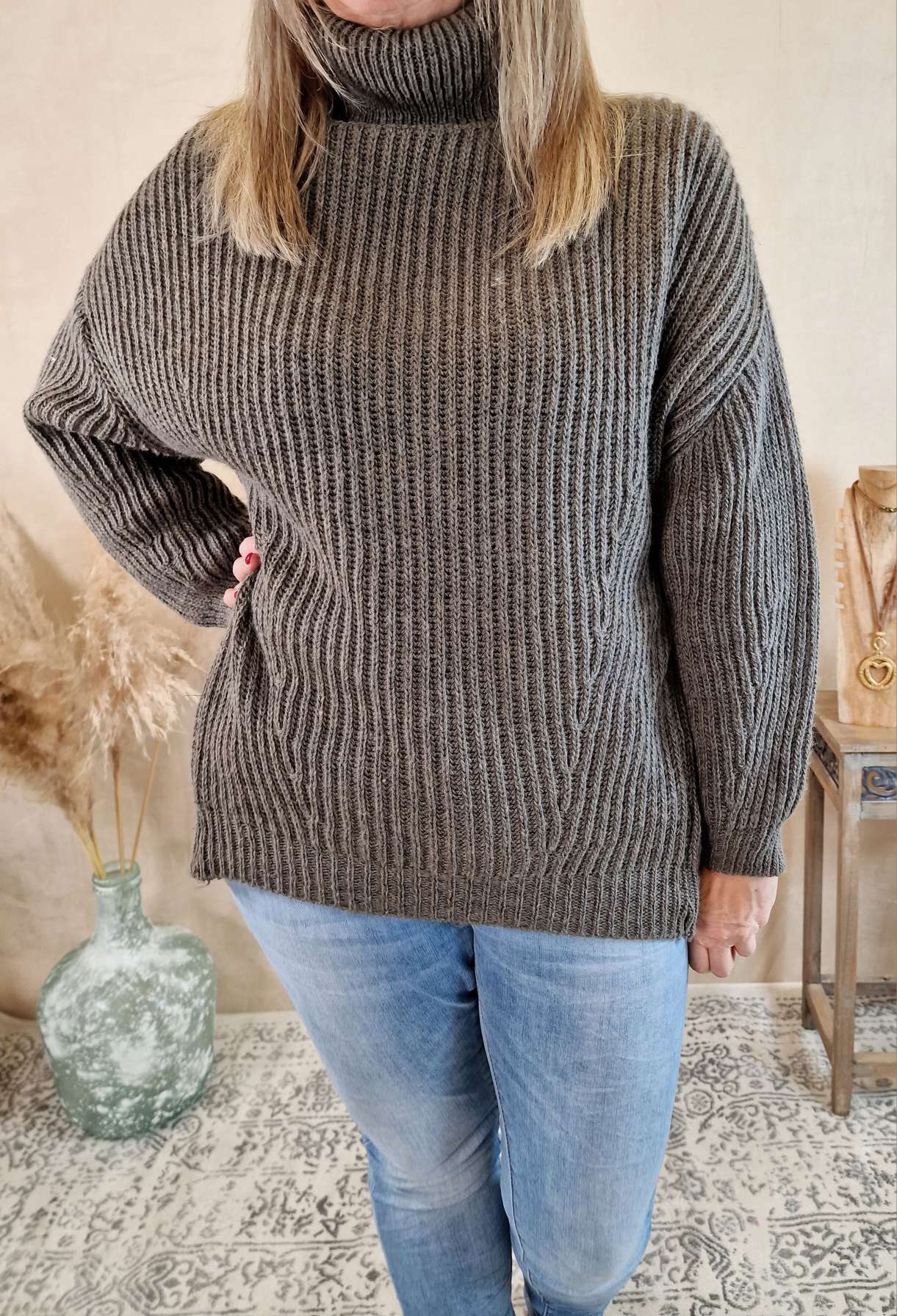 OVERSIZE KNIT SWEATER JENNY TAUPE 34-42 Made in Italy Rollkragen Pullover