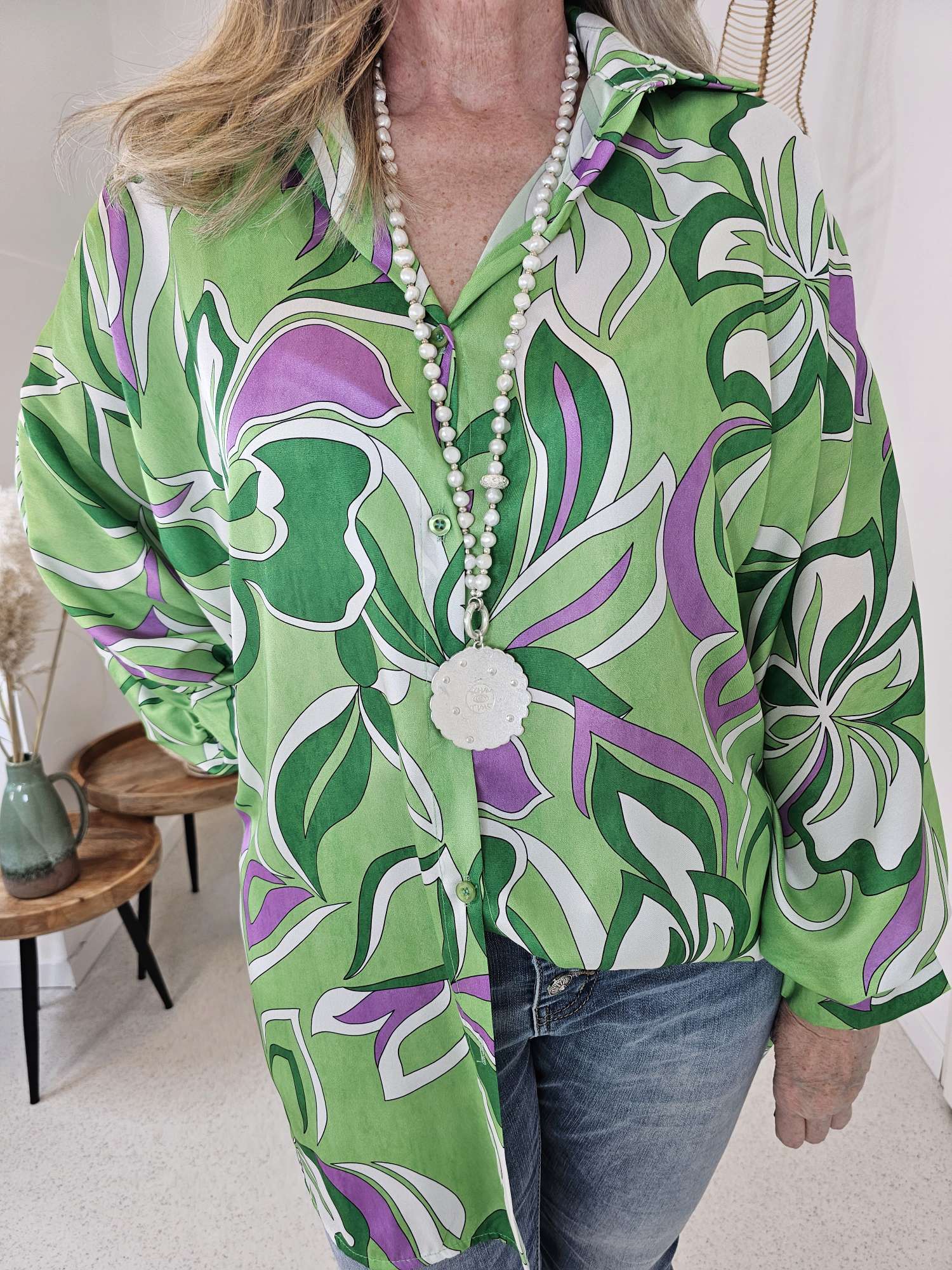 BLUSE CORNELIA GRÜN 34-42 Made in Italy Oversize Shirt Hemd Silk Seiden Optik