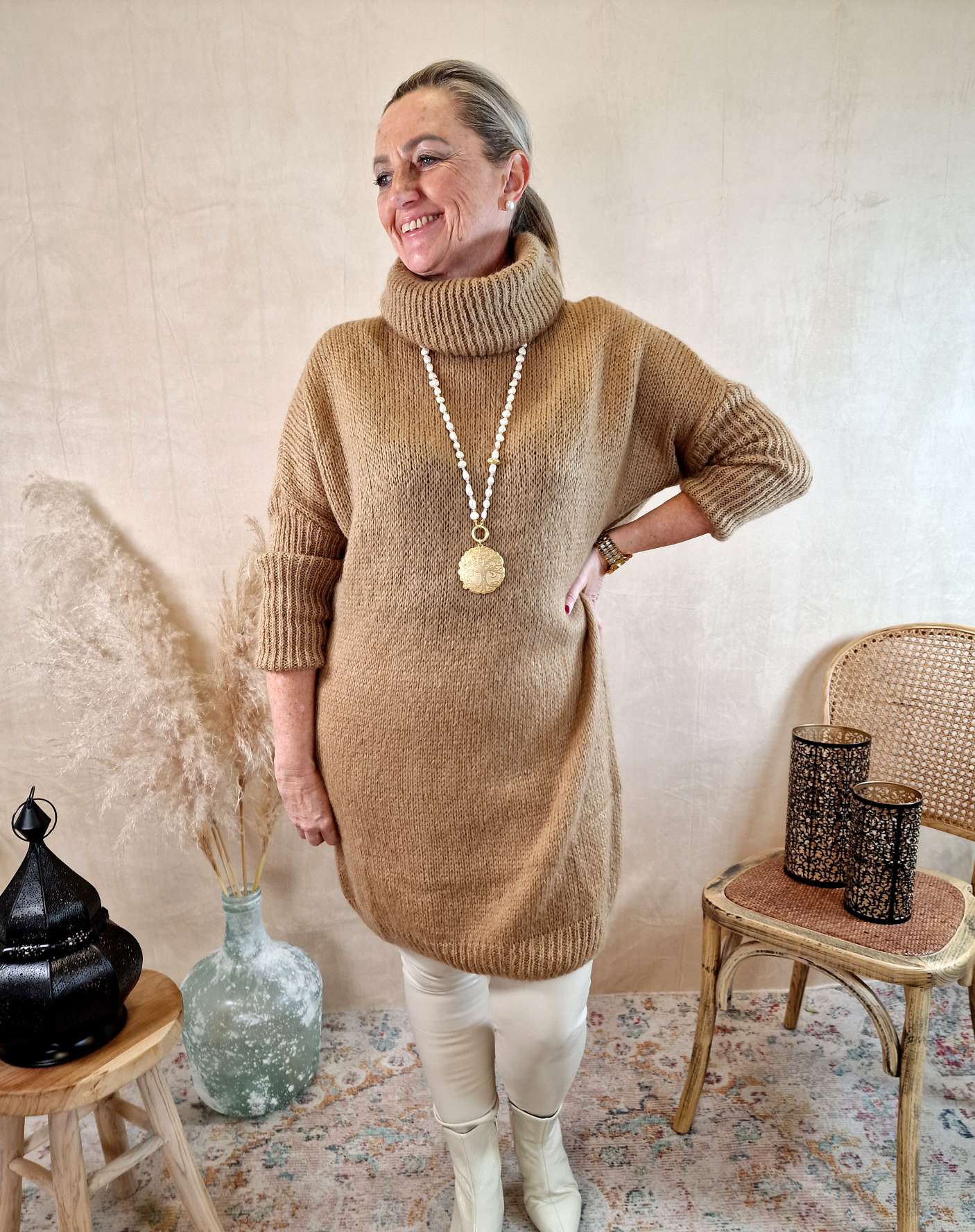 OVERSIZE KNIT DRESS HAJO CAMEL 34-40 Made in Italy Strickkleid Pullover Rollkragen