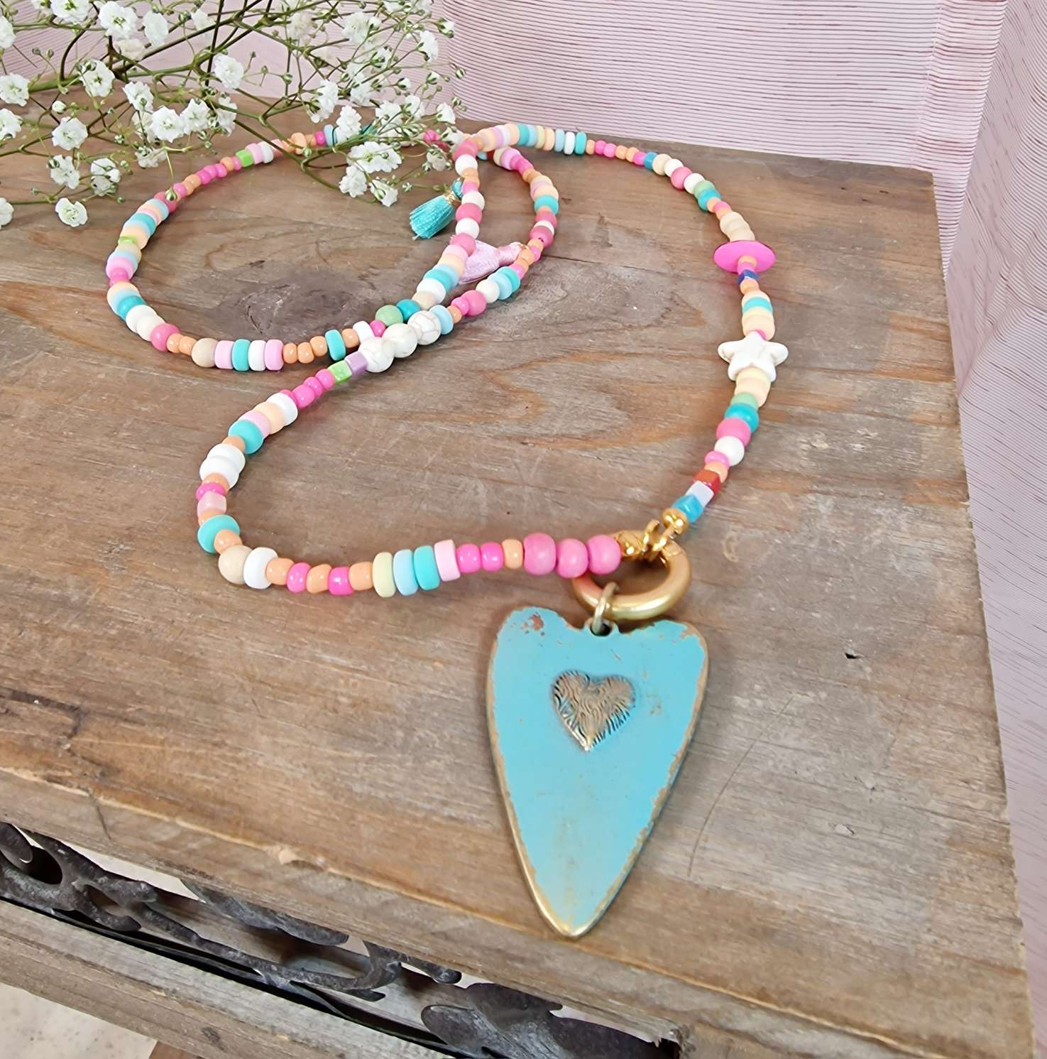EXKLUSIVE LANGE PERLEN KETTE SUMMERFEELING HEART TÜRKIS Howlith Edelsteine