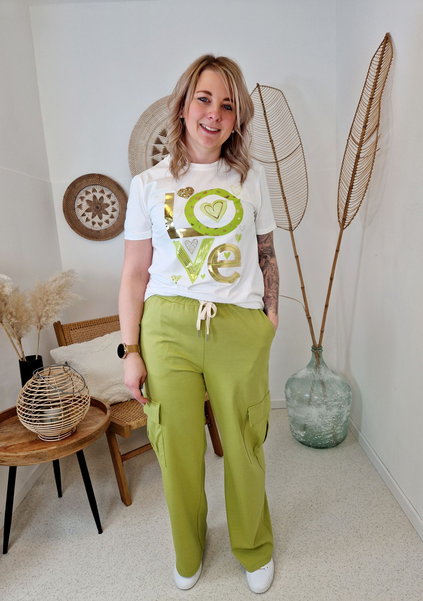 T-SHIRT MADLEIN LOVE GRÜN 34-38/40 Made in Italy Basic Kurzarm Shirt Oberteil
