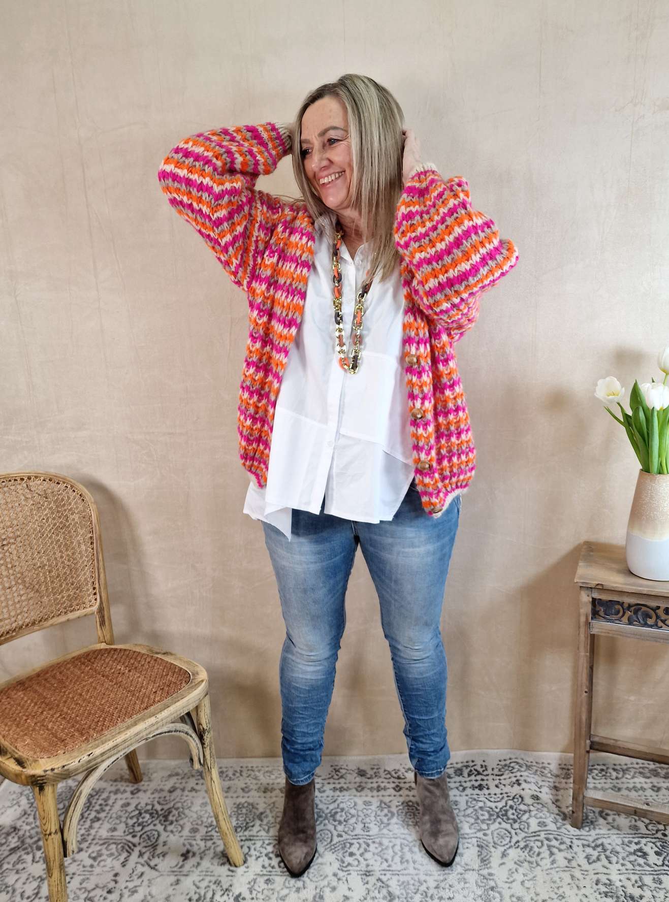 SHORT KNIT CARDIGAN DOMINO PINK ORANGE CREME kurze Strick Jacke Made in Italy 34-42 SHORT KNIT CARDIGAN DOMINO PINK ORANGE CREME kurze Strick Jacke Made in Italy 34-42