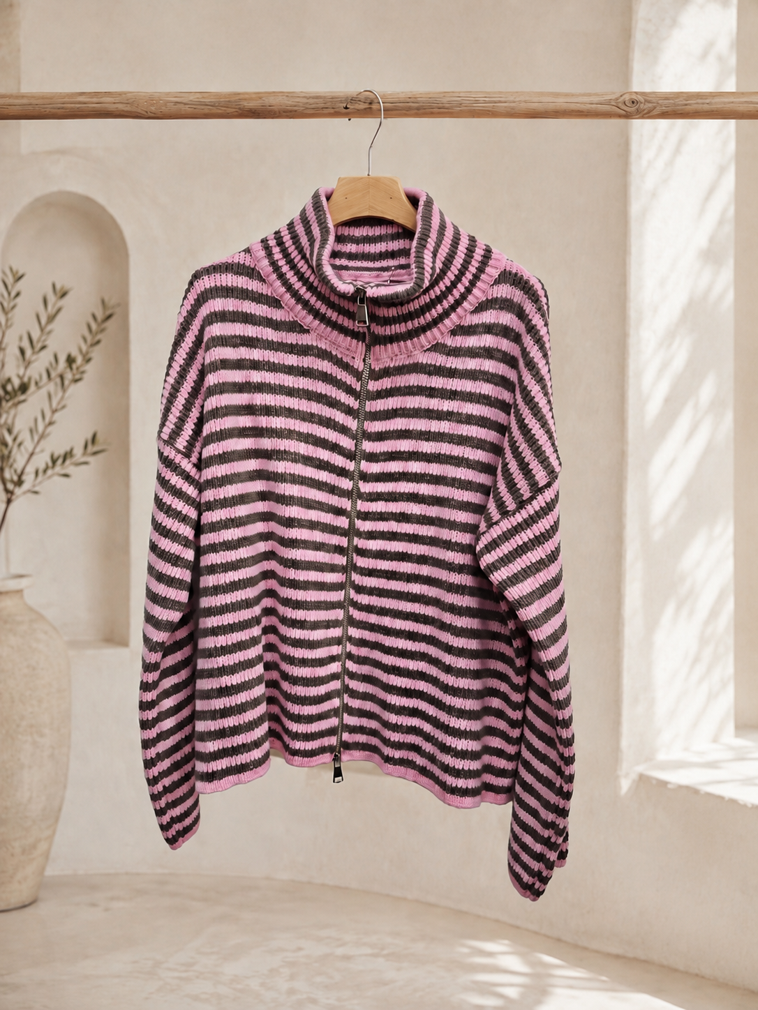 Strickjacke Celia – Streifenlook mit 2-Wege-Reißverschluss Made in Italy 34-40/42 Cardigan