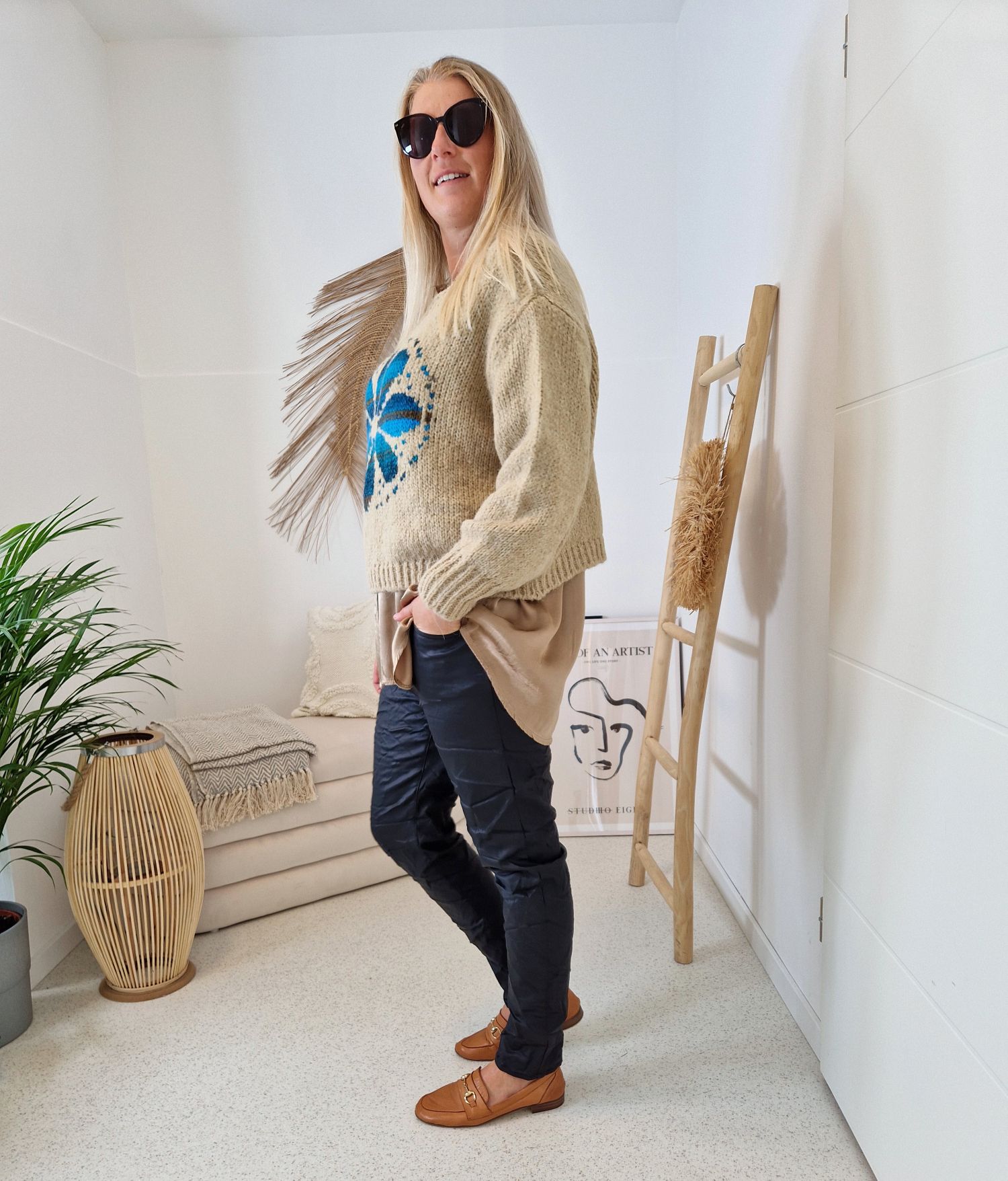 KNIT SWEATER GRETA FLOWER TAUPE Strickpullover Pullover 34-42 Made in Italy versch. Farben KNIT SWEATER GRETA FLOWER TAUPE Strickpullover Pullover 34-42 Made in Italy versch. Farben